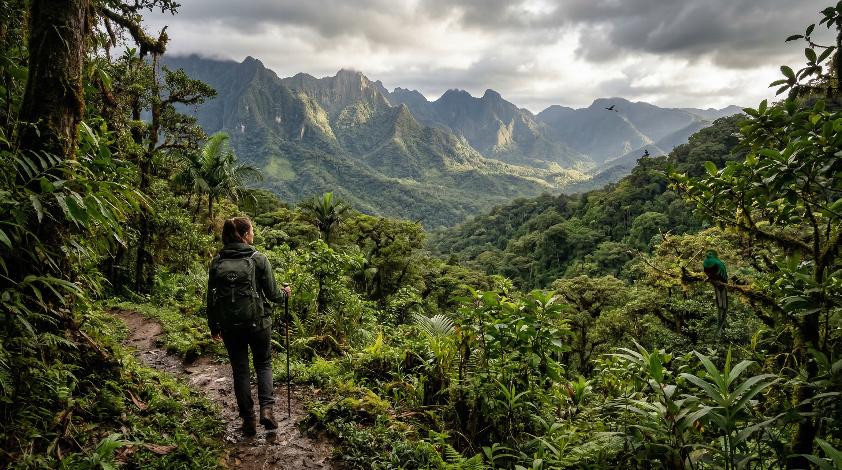 Cinematic eco-adventure landscape with mountains, rainforest atmosphere, and dramatic natural scenery