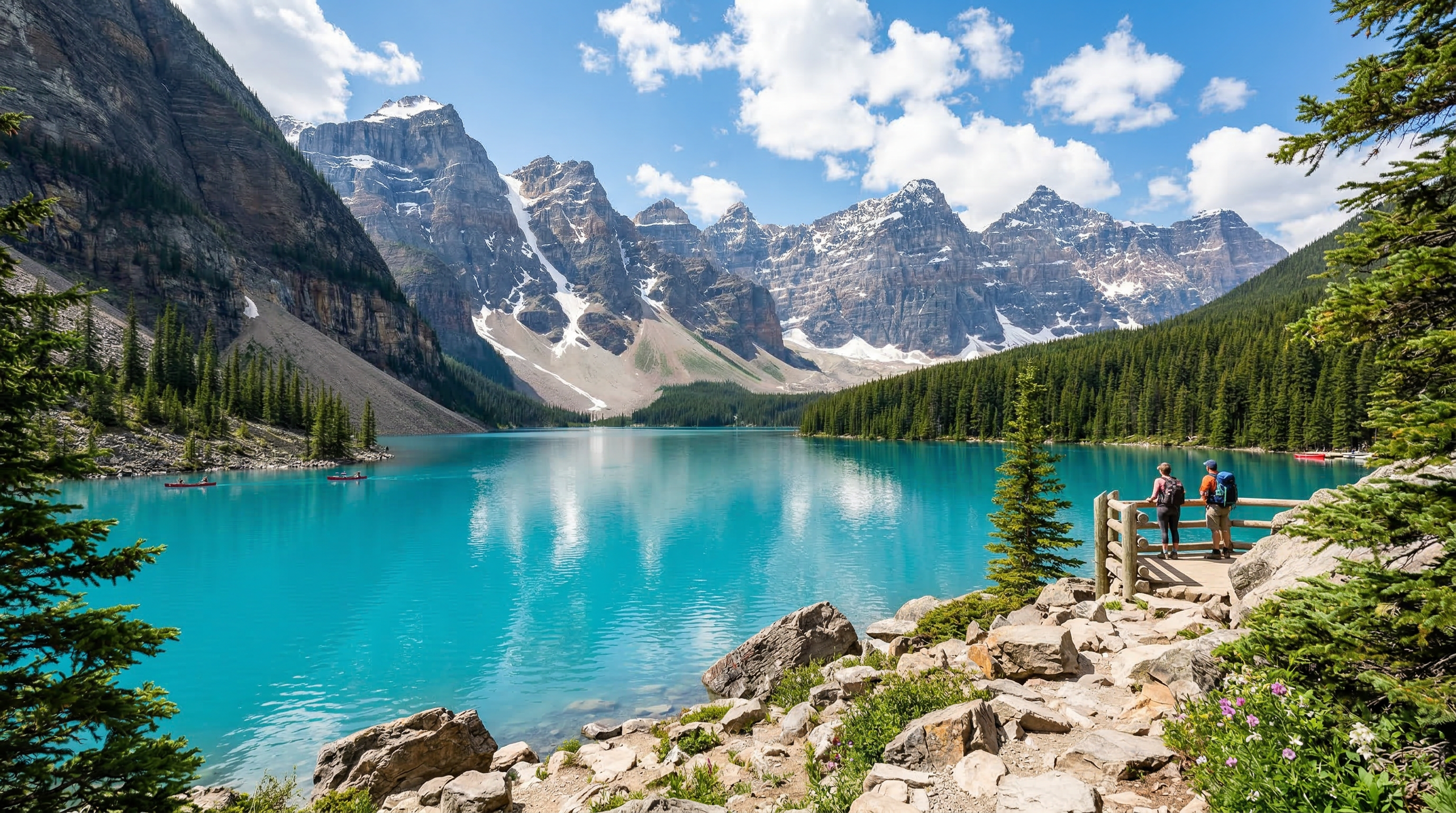 Turquoise alpine lake and mountain peaks in the Canadian Rockies