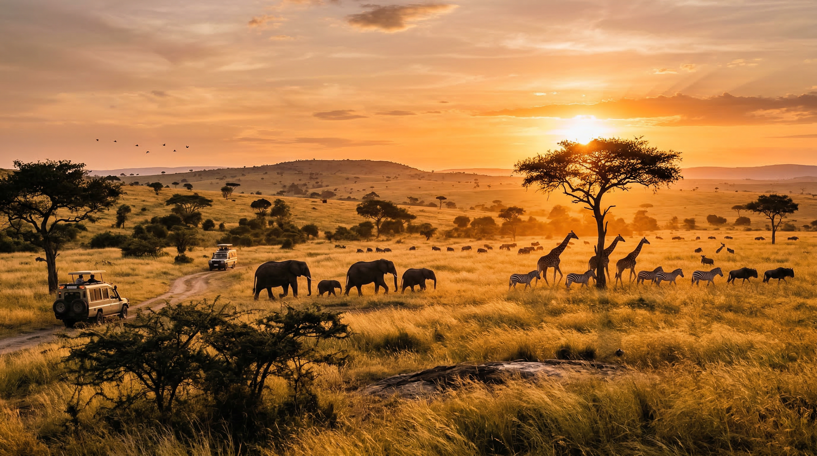 Safari grasslands with wildlife silhouettes in warm sunrise light