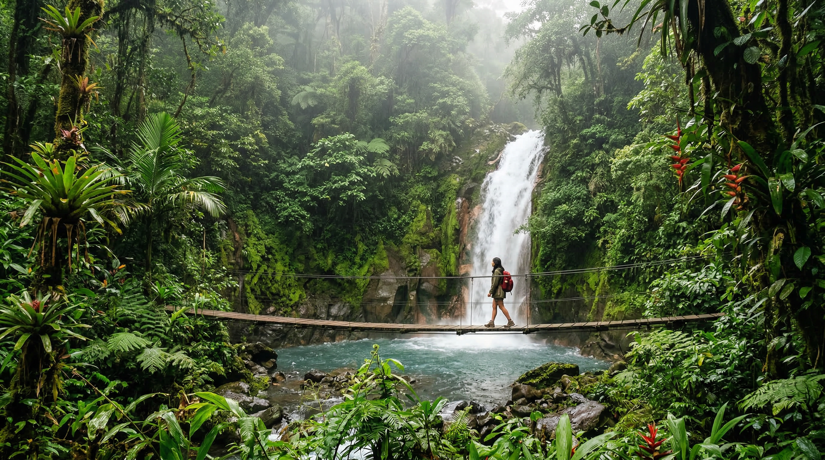 Lush Costa Rica rainforest with waterfall and tropical greenery