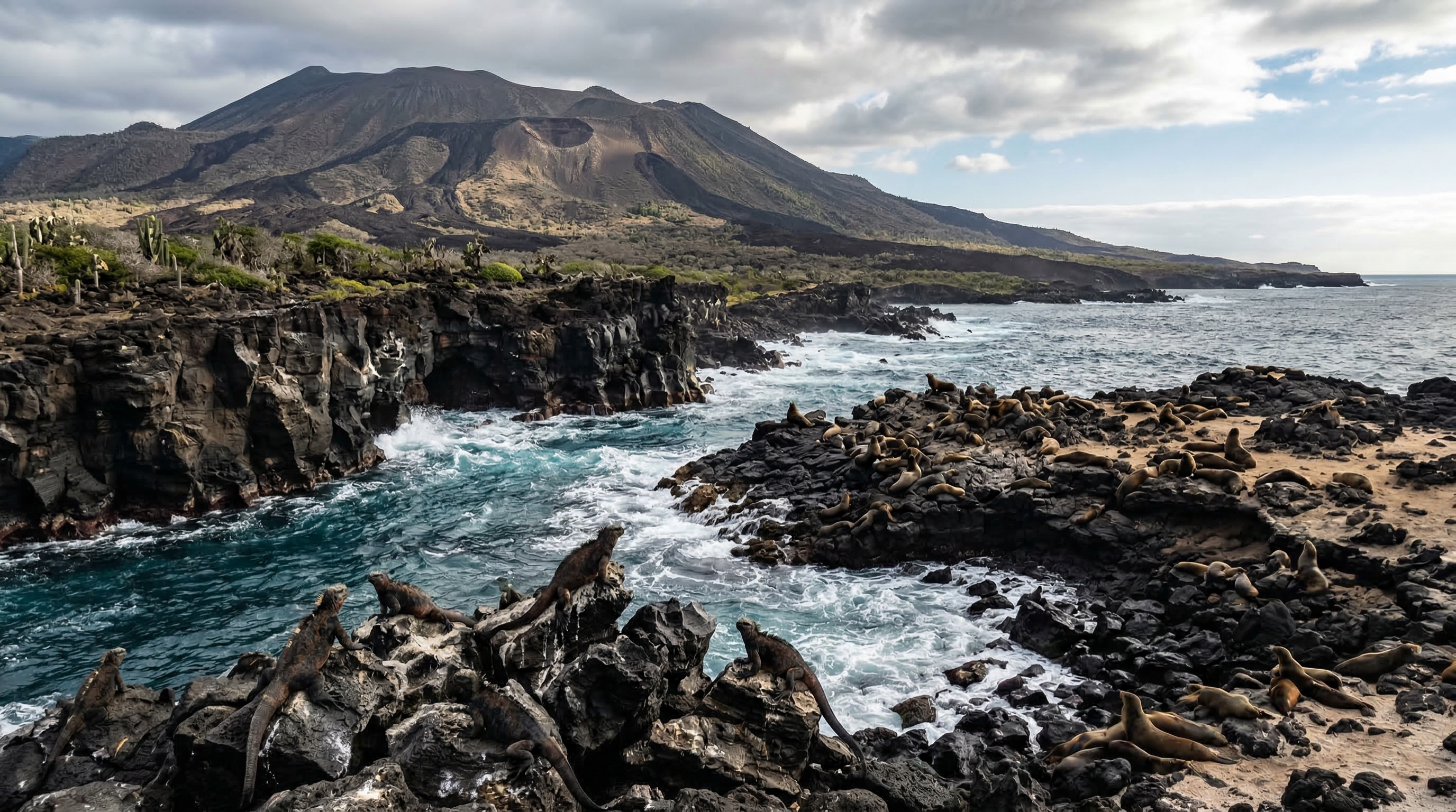 Volcanic island and wildlife expedition style landscape inspired by the Galapagos