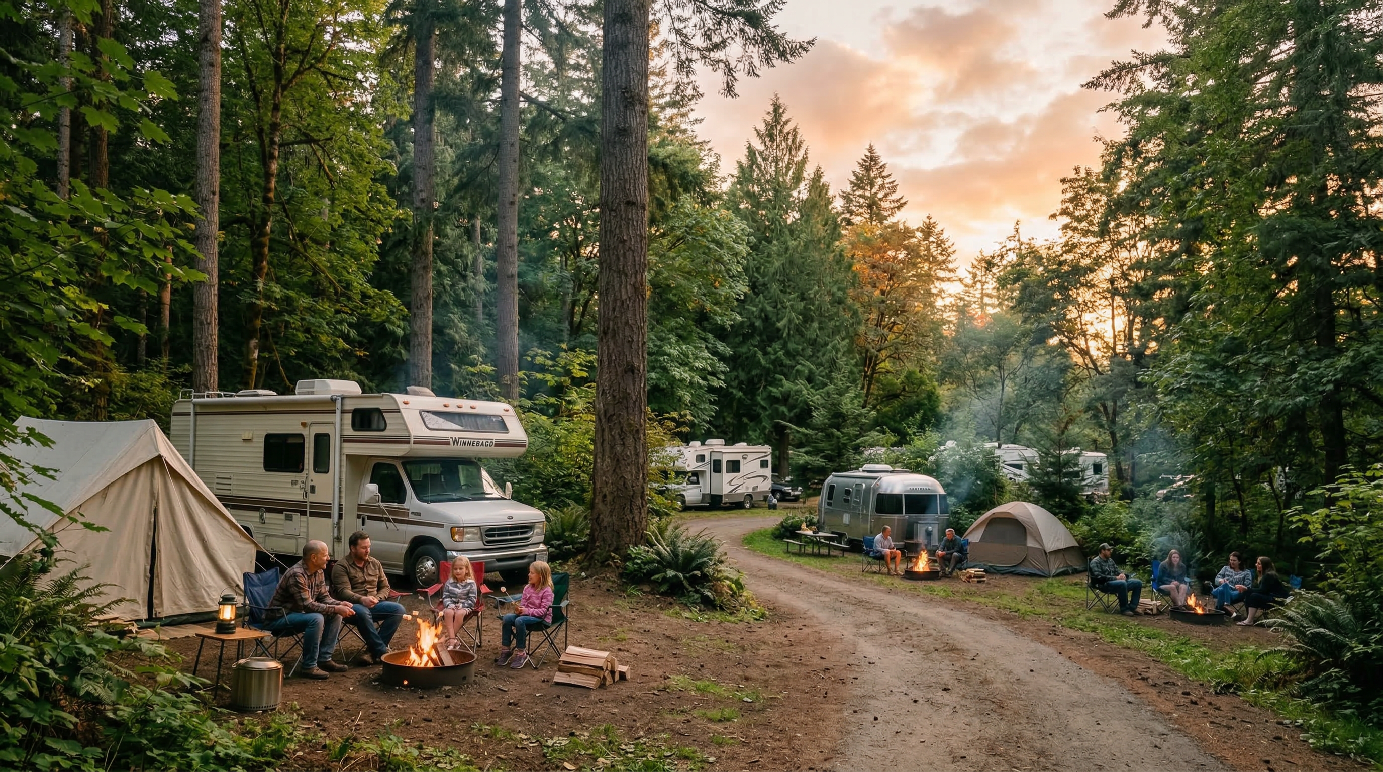 Peaceful campground with RVs and tents spaced respectfully among trees