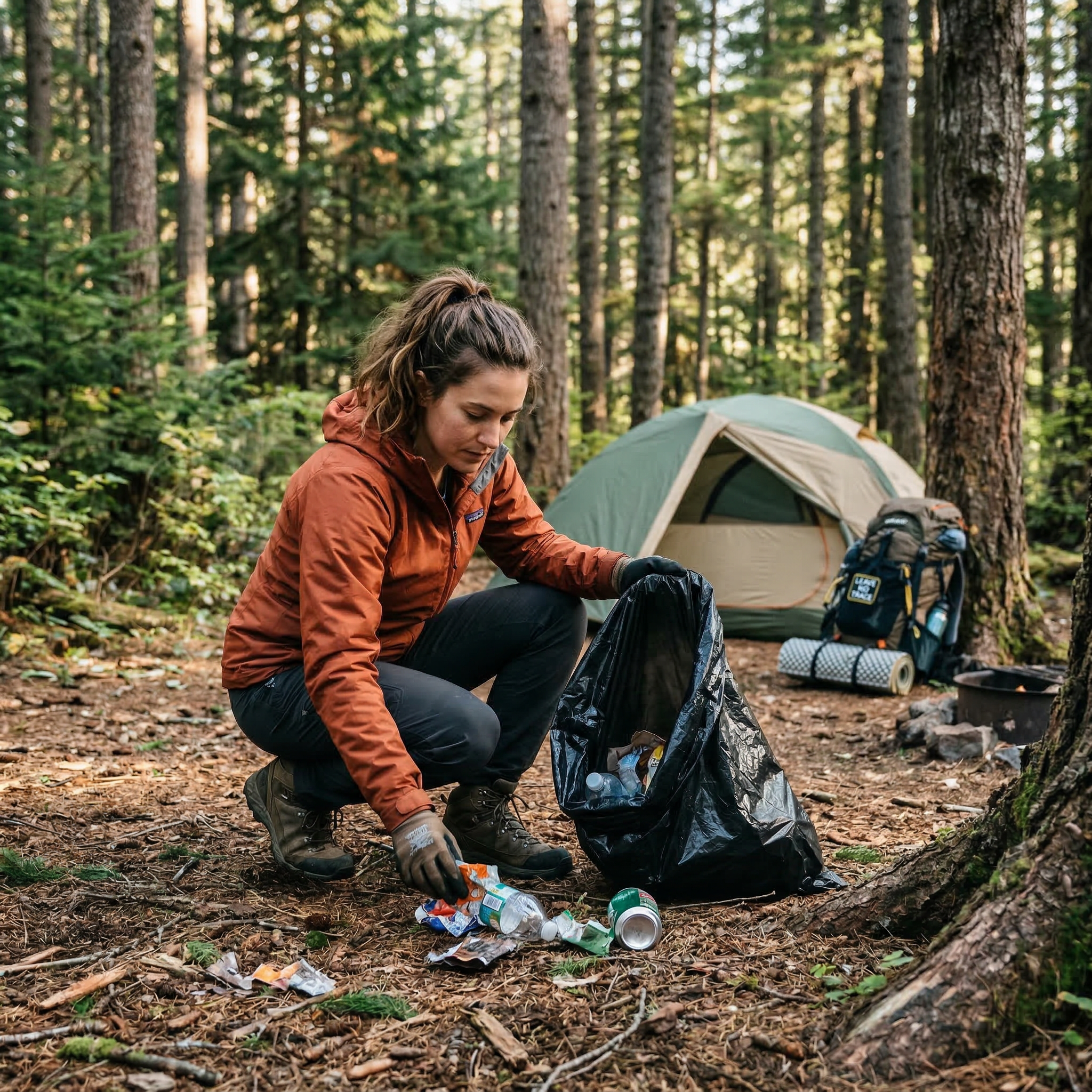 Camper cleaning trash and following leave no trace camping principles
