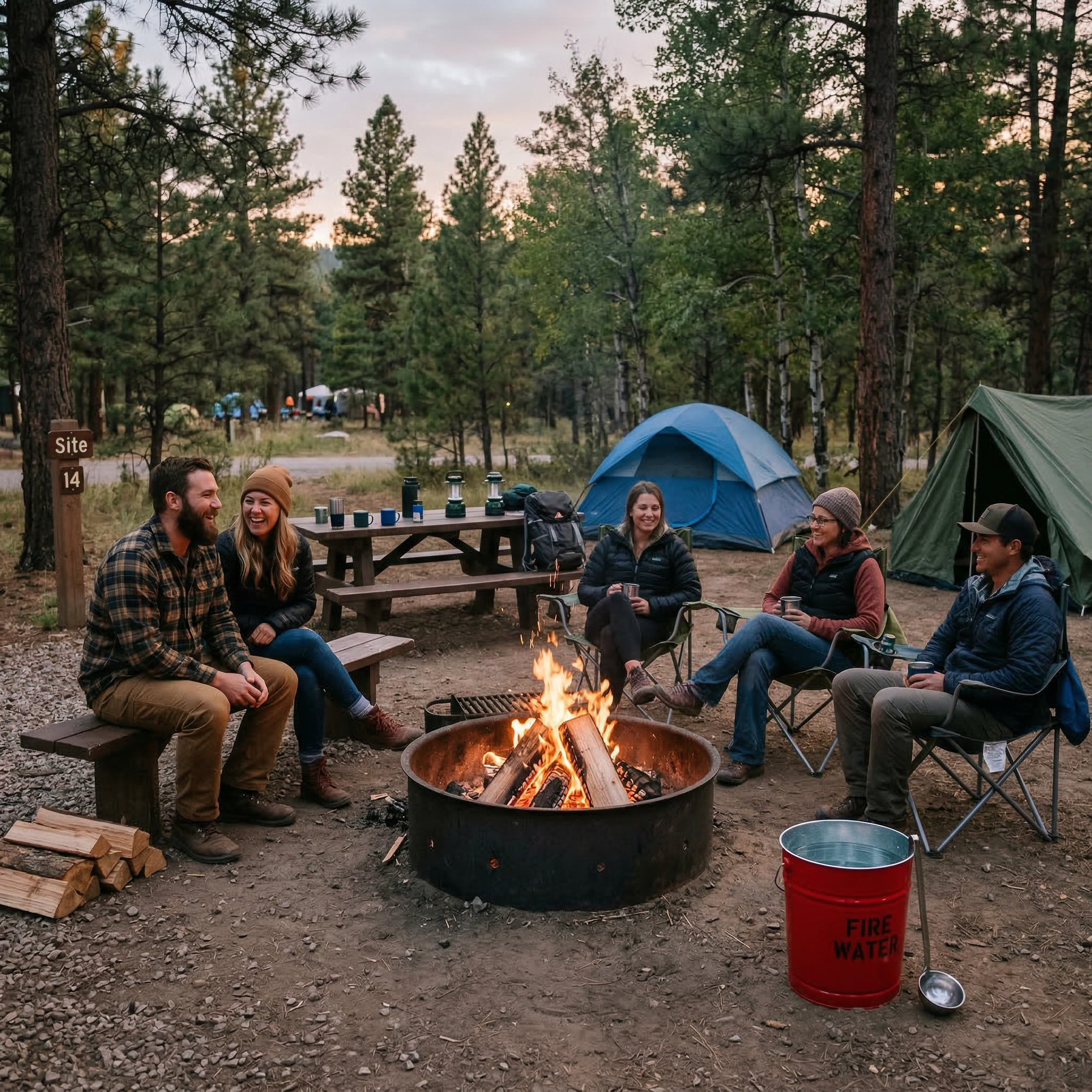 Campfire burning safely inside campground fire ring