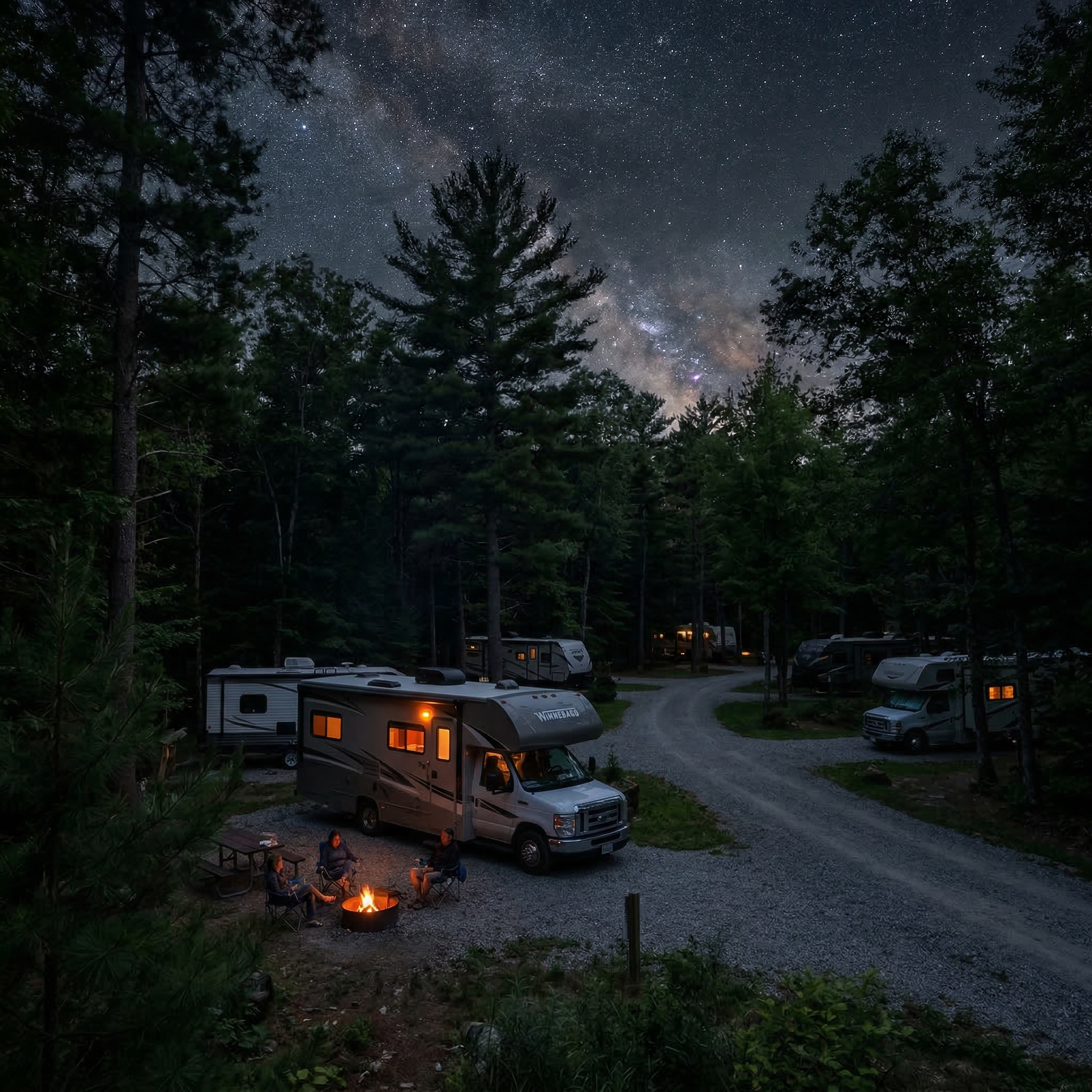 Quiet campground at night with dim RV lights and peaceful setting