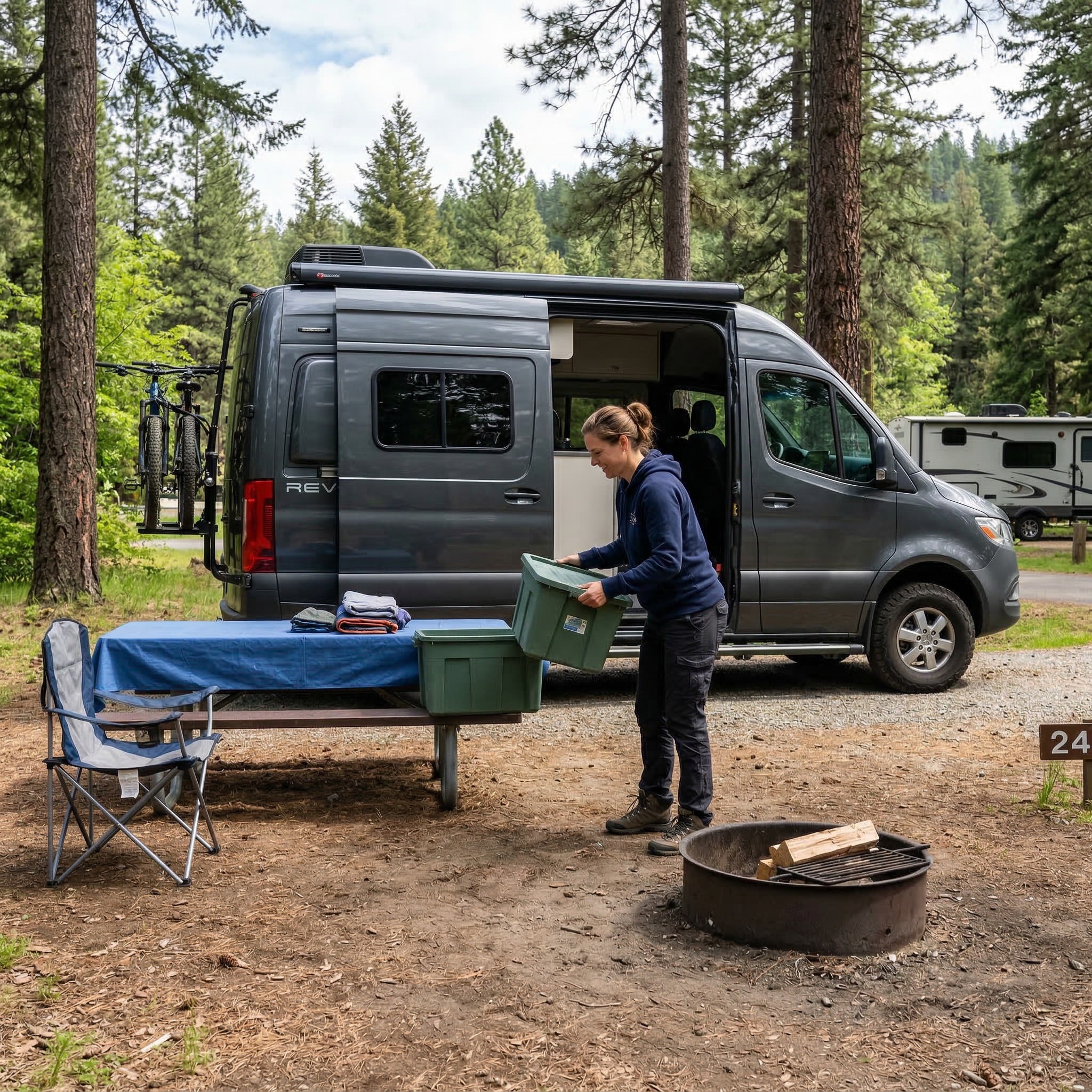 Camper cleaning campsite and packing gear before departure