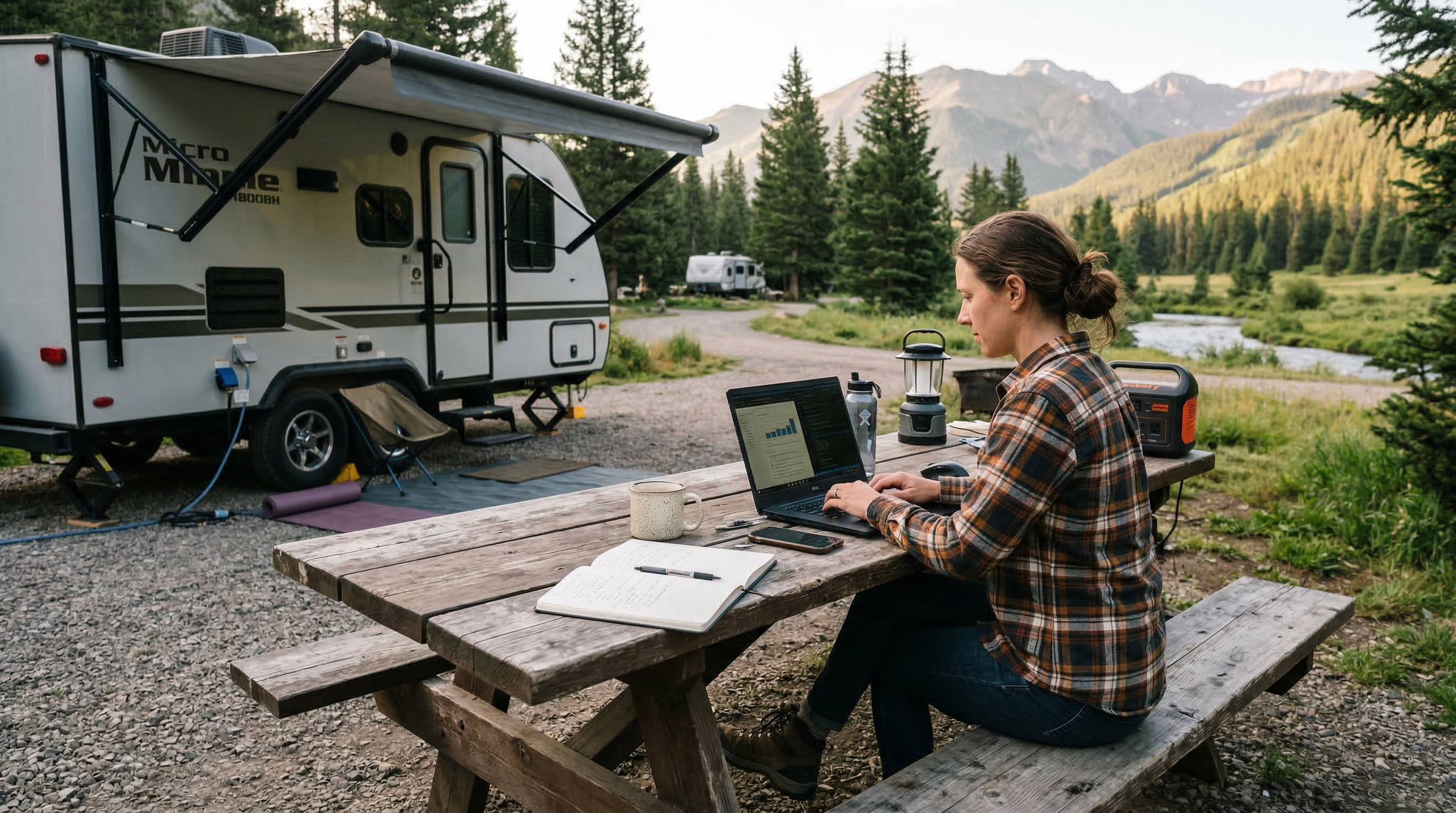 RVer working at an outdoor campsite table with laptop beside a travel trailer