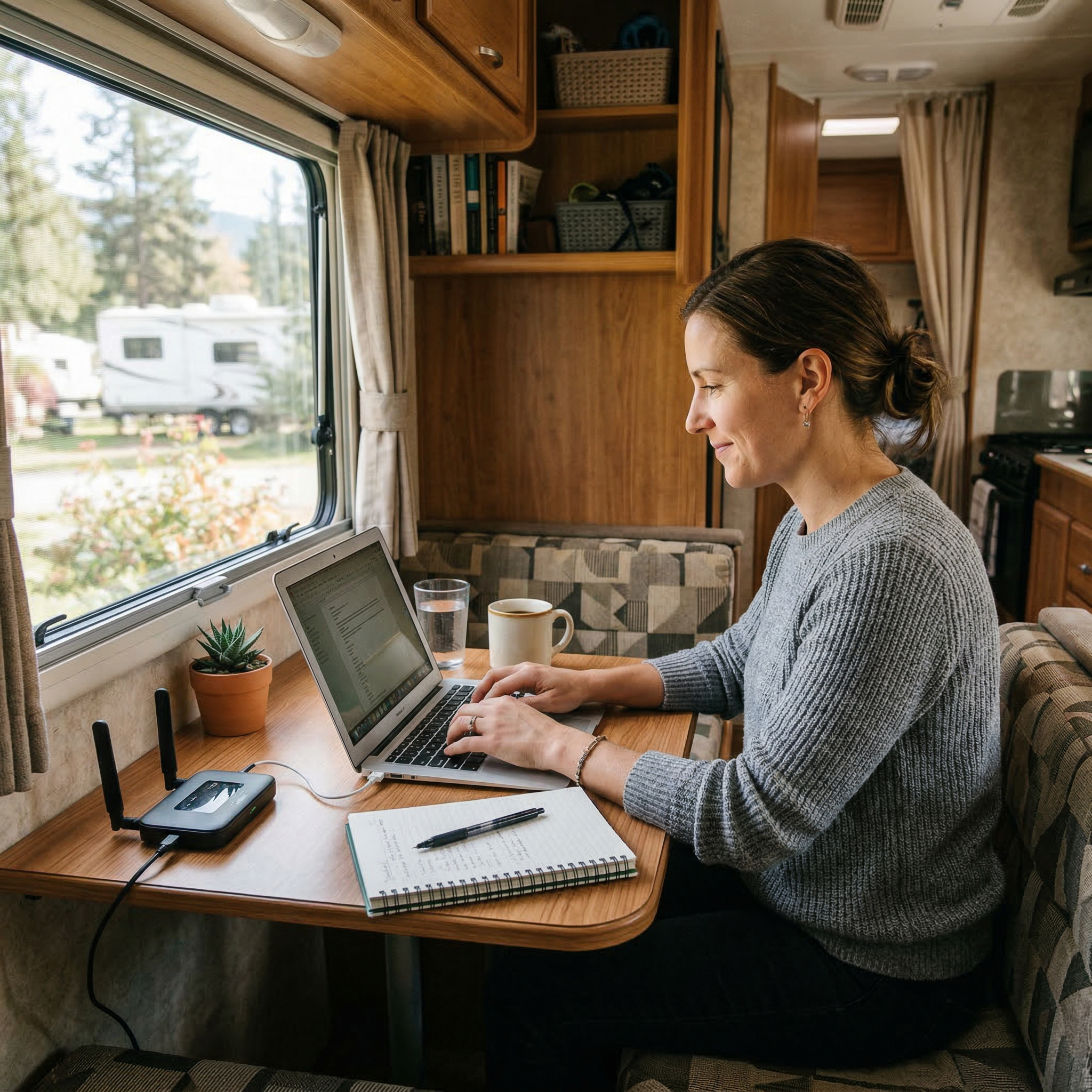 Compact RV workspace inside a travel trailer with laptop and organized remote work setup