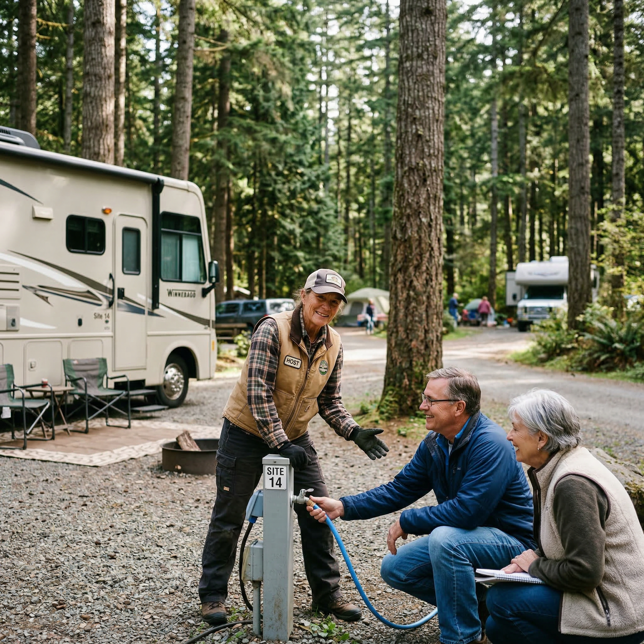 Campground host or maintenance worker assisting campers near RV sites in a forest campground