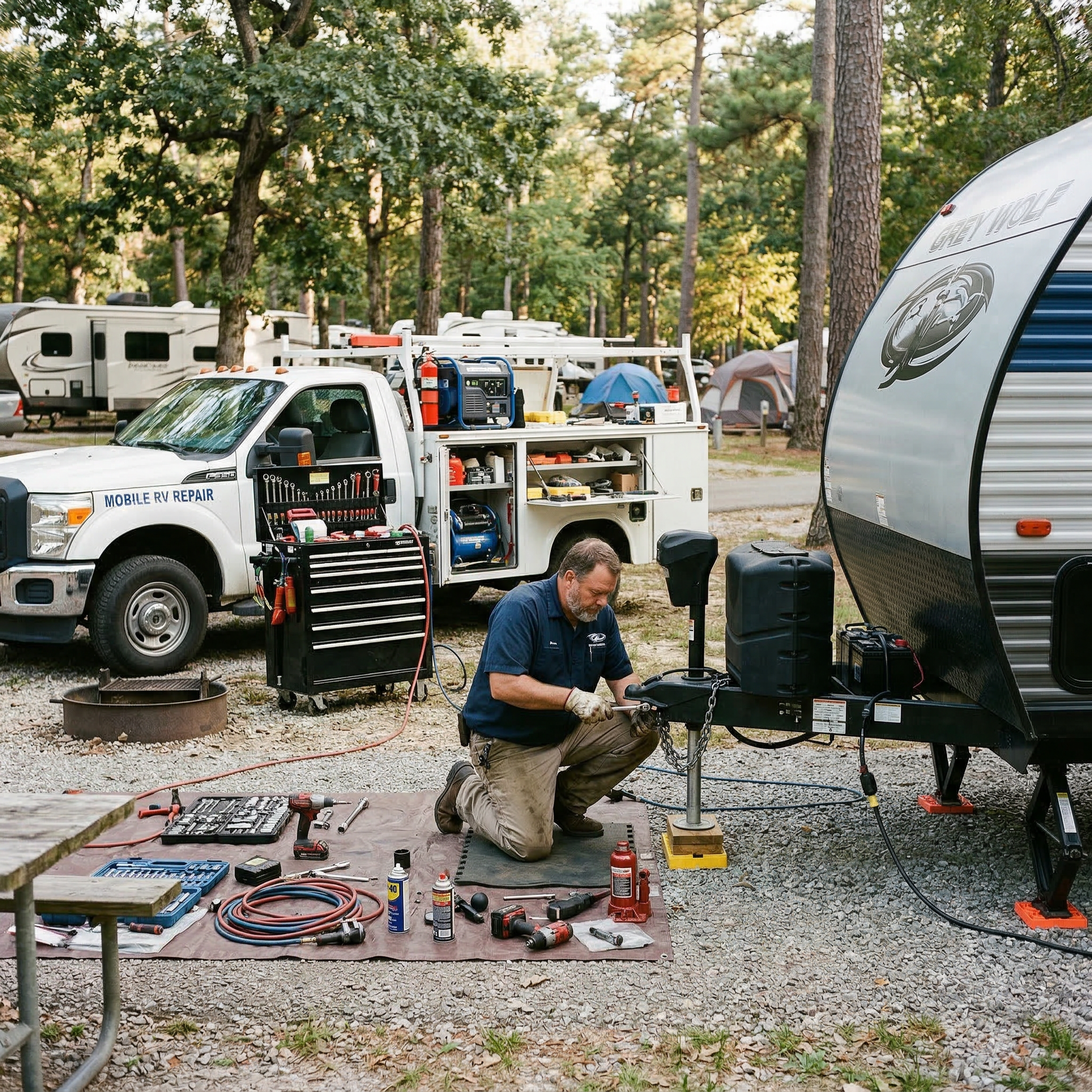 Mobile RV mechanic working on trailer or tow vehicle at a campsite with tools nearby