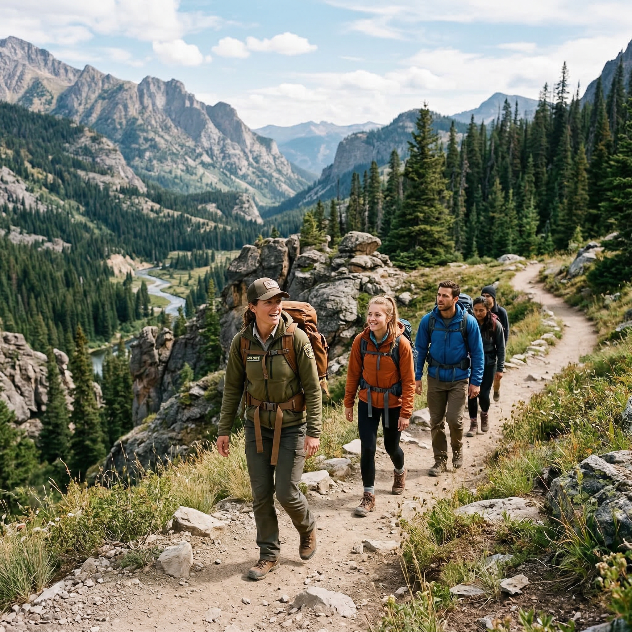Outdoor guide leading a small group on a scenic hike near a campground