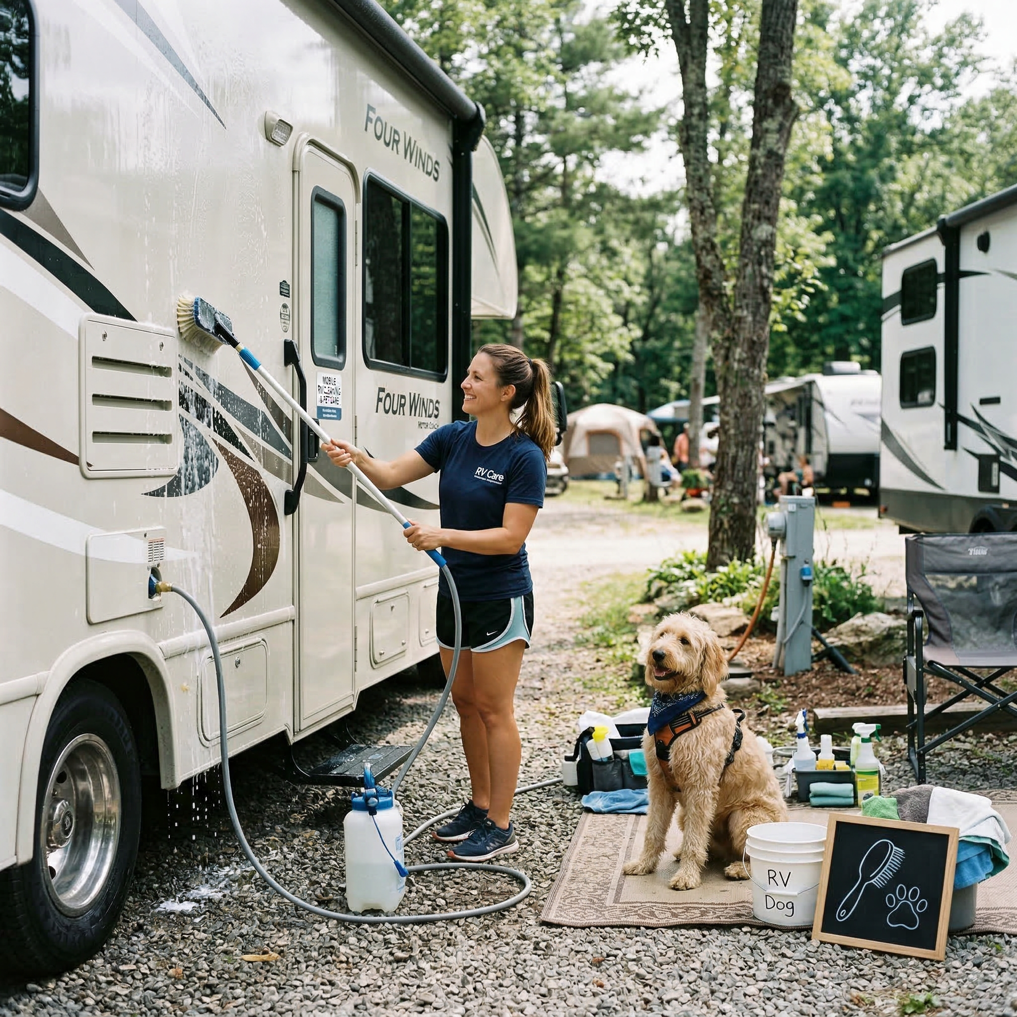 RVer running a pet care or small service business at a campground with dog-friendly setup
