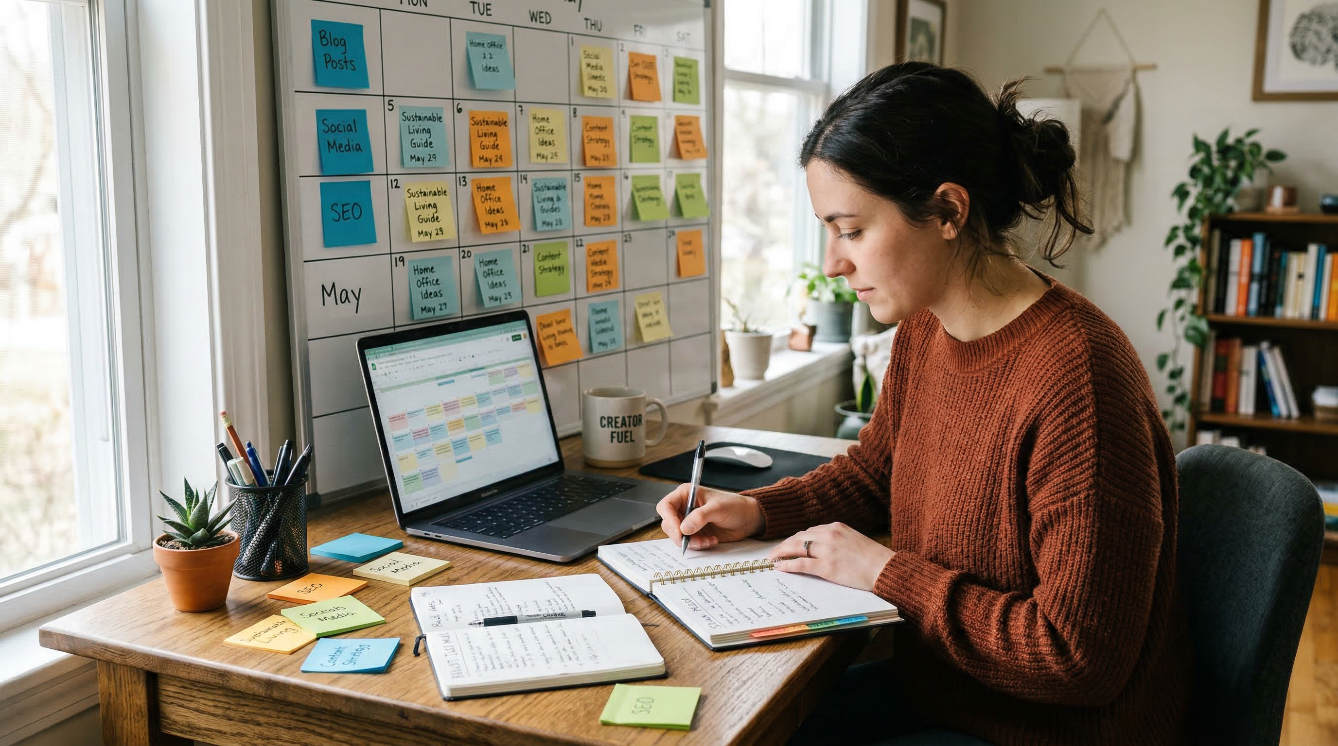 Digital creator planning blog content at a desk with laptop, notebook, and calendar
