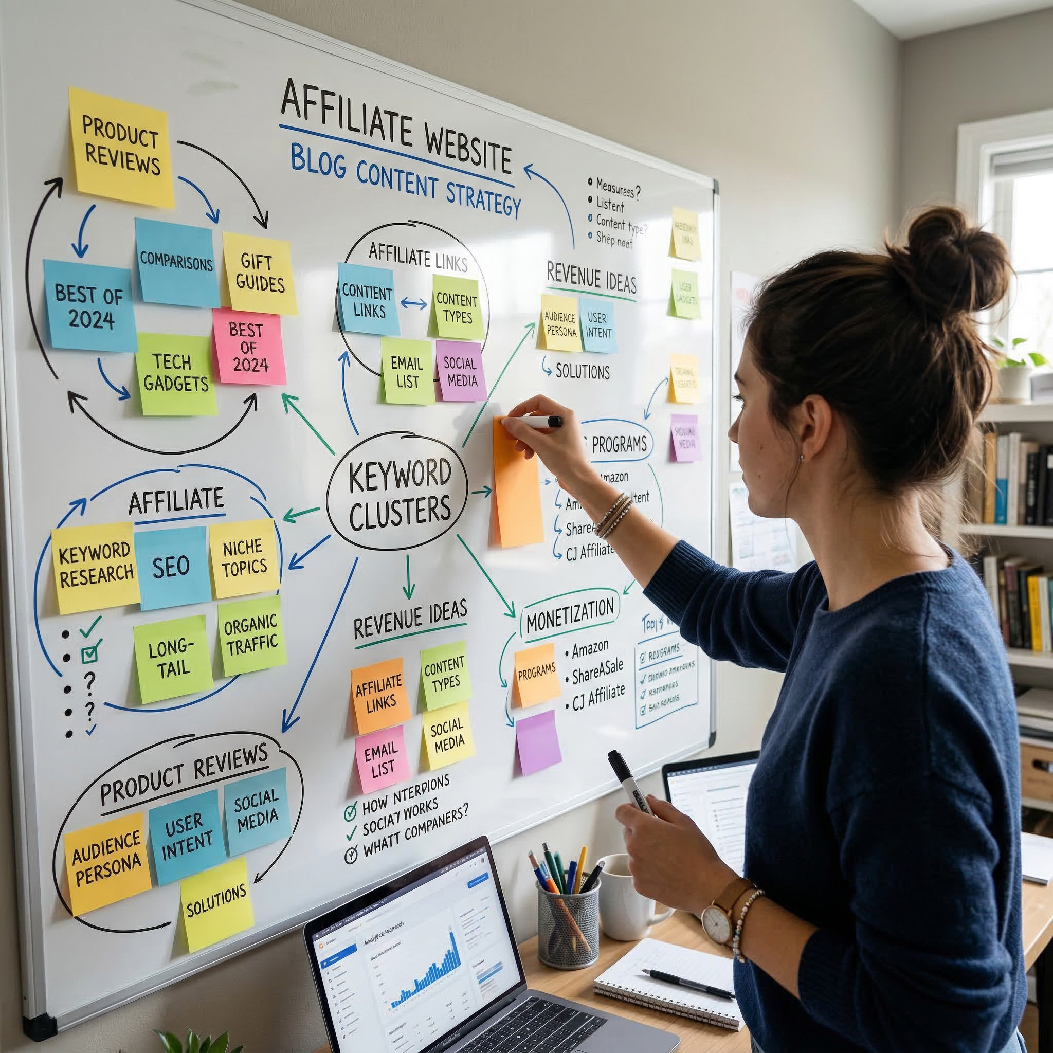 Whiteboard filled with sticky notes and content planning ideas for an affiliate website