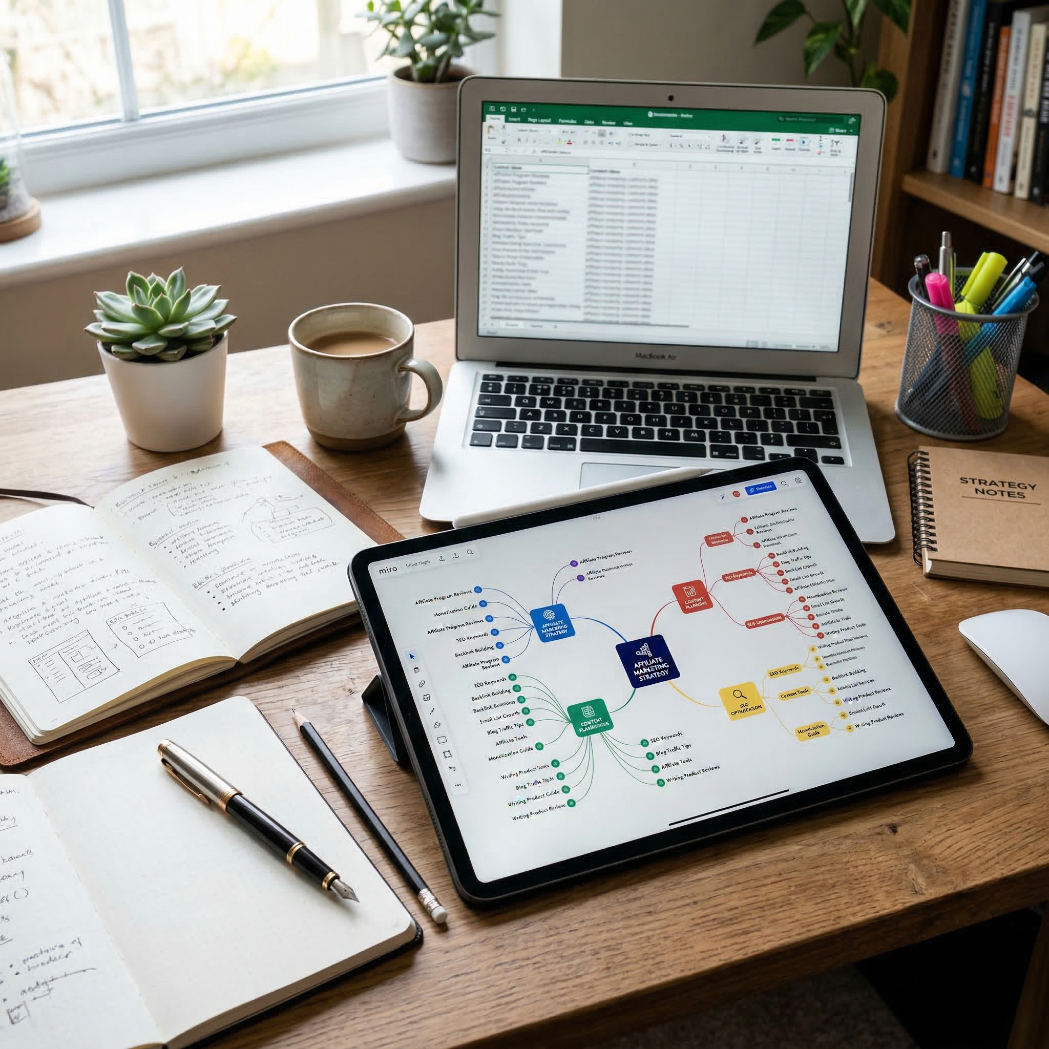 Tablet displaying topic clusters and connected SEO content ideas for an affiliate blog