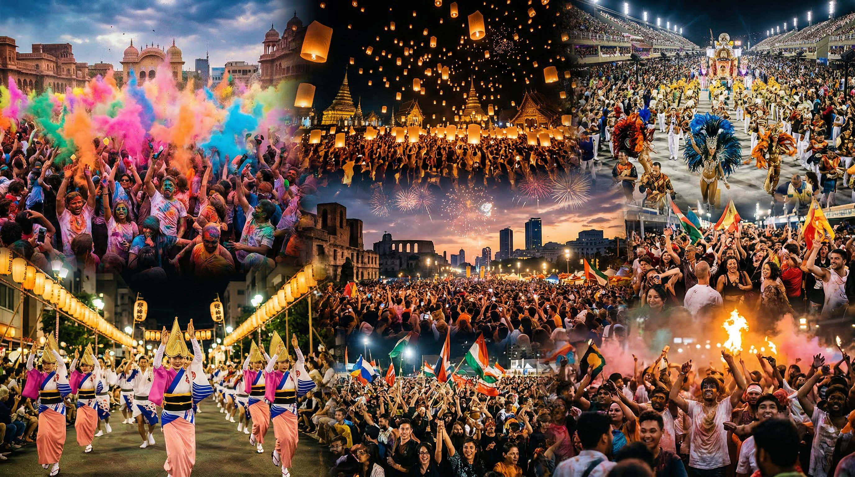 Global festival travel collage with colorful celebrations, lanterns, parades, and crowds