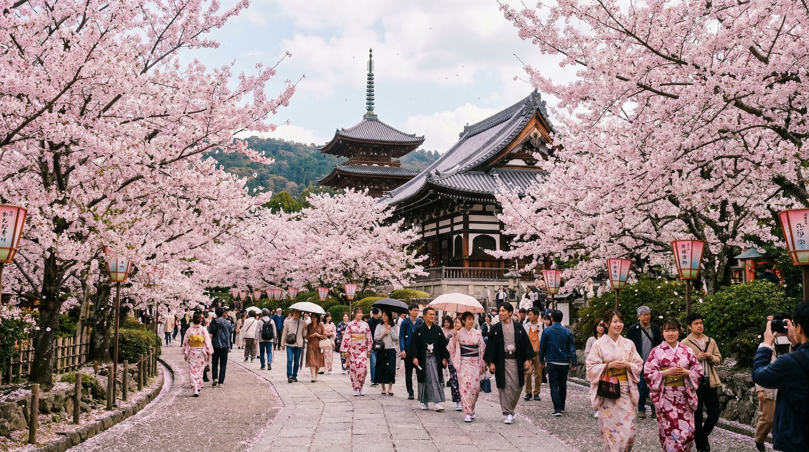 Cherry blossom season in Japan with pink sakura trees and festival atmosphere