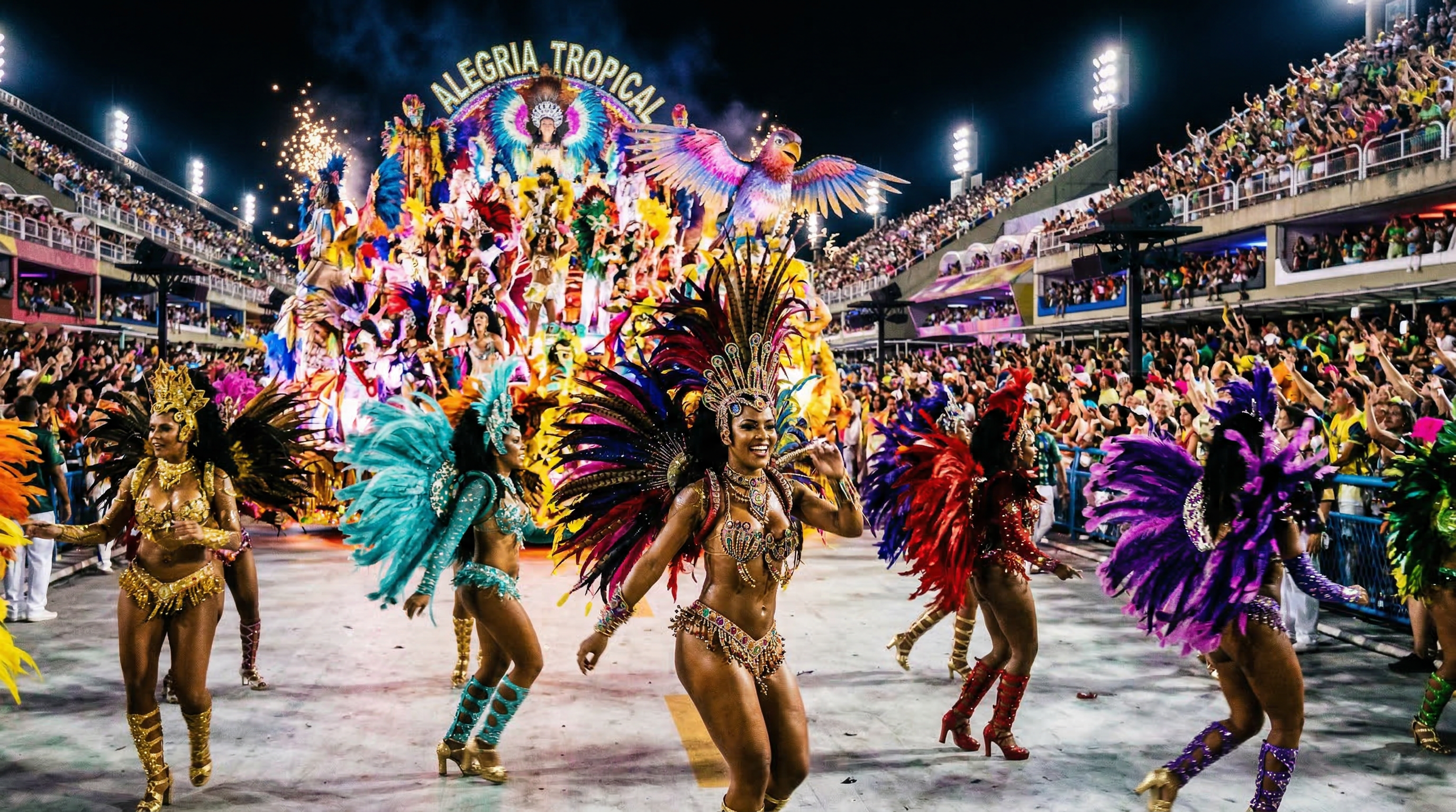 Rio Carnival parade with vibrant costumes and festival crowds