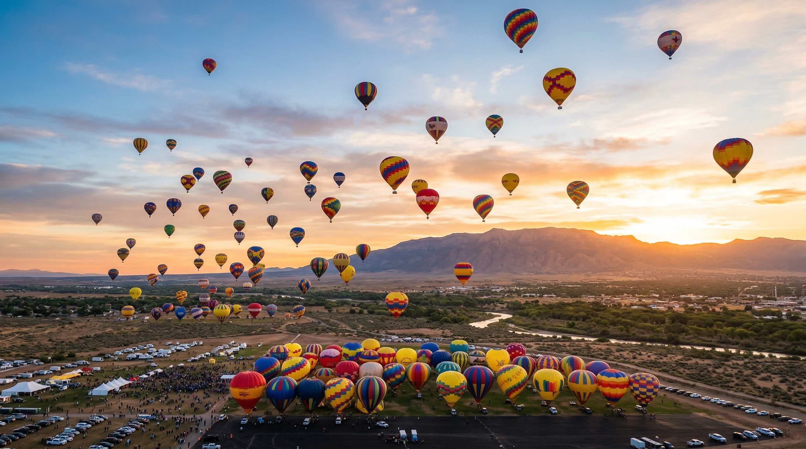Albuquerque Balloon Fiesta sunrise with colorful hot air balloons in the sky