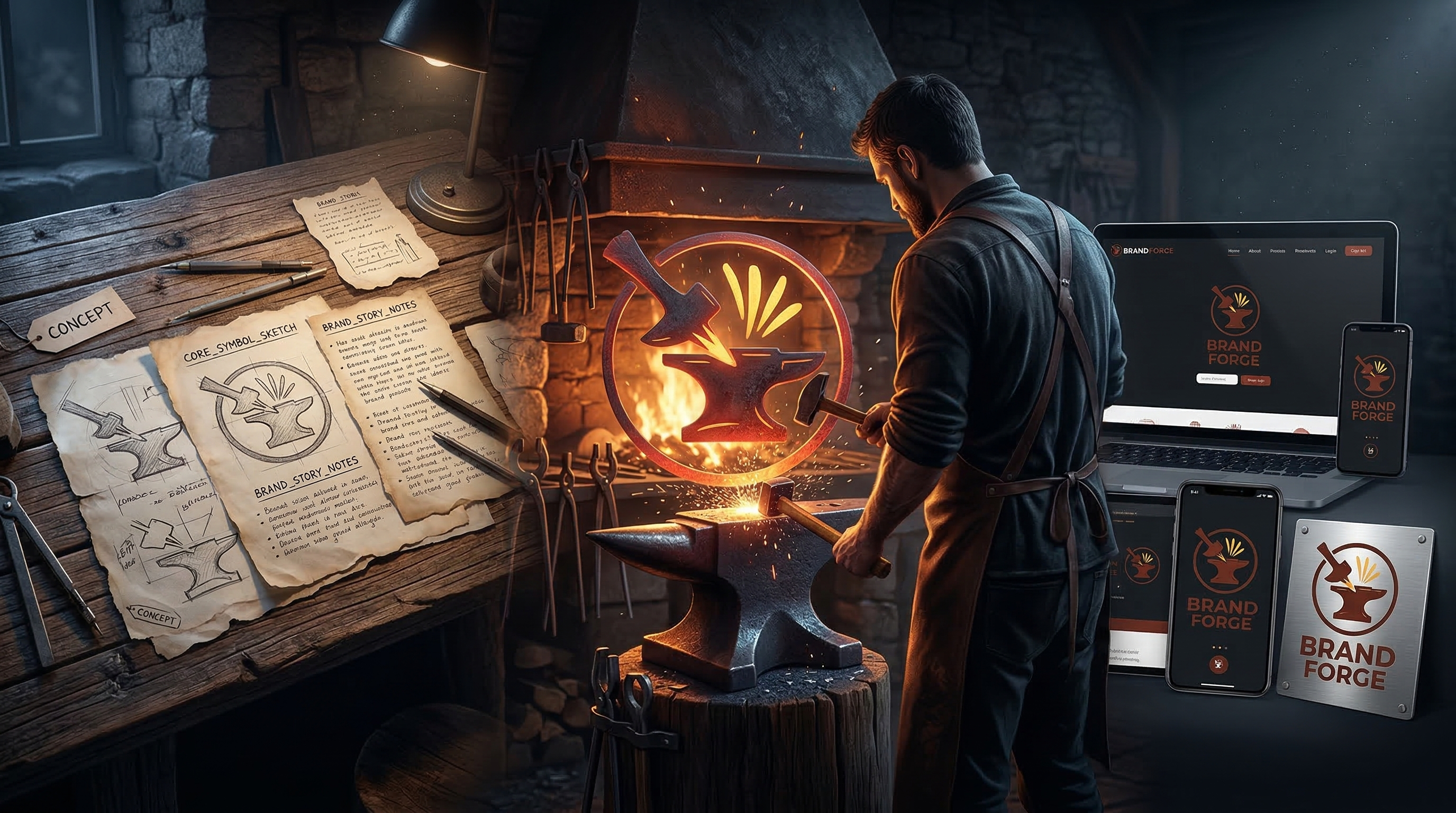 Brand Forge concept artwork showing an idea being turned into a real brand foundation