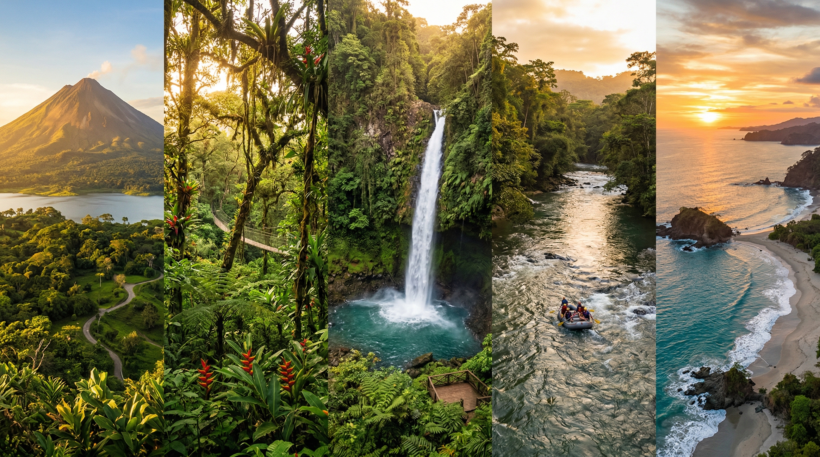 Costa Rica adventure collage with volcano, rainforest, waterfalls, river, and coastline