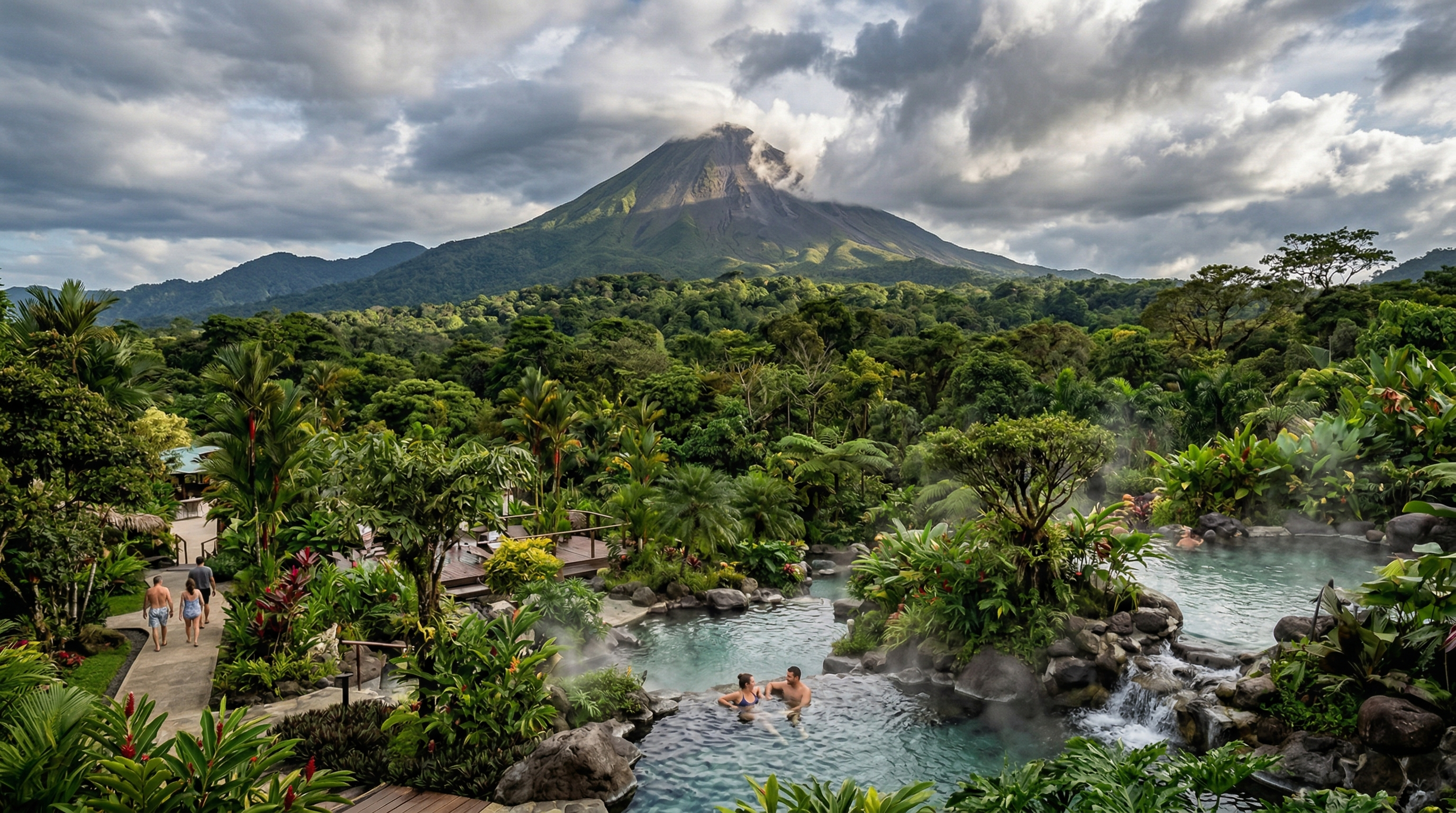 Arenal Volcano above rainforest in Costa Rica with lush tropical scenery