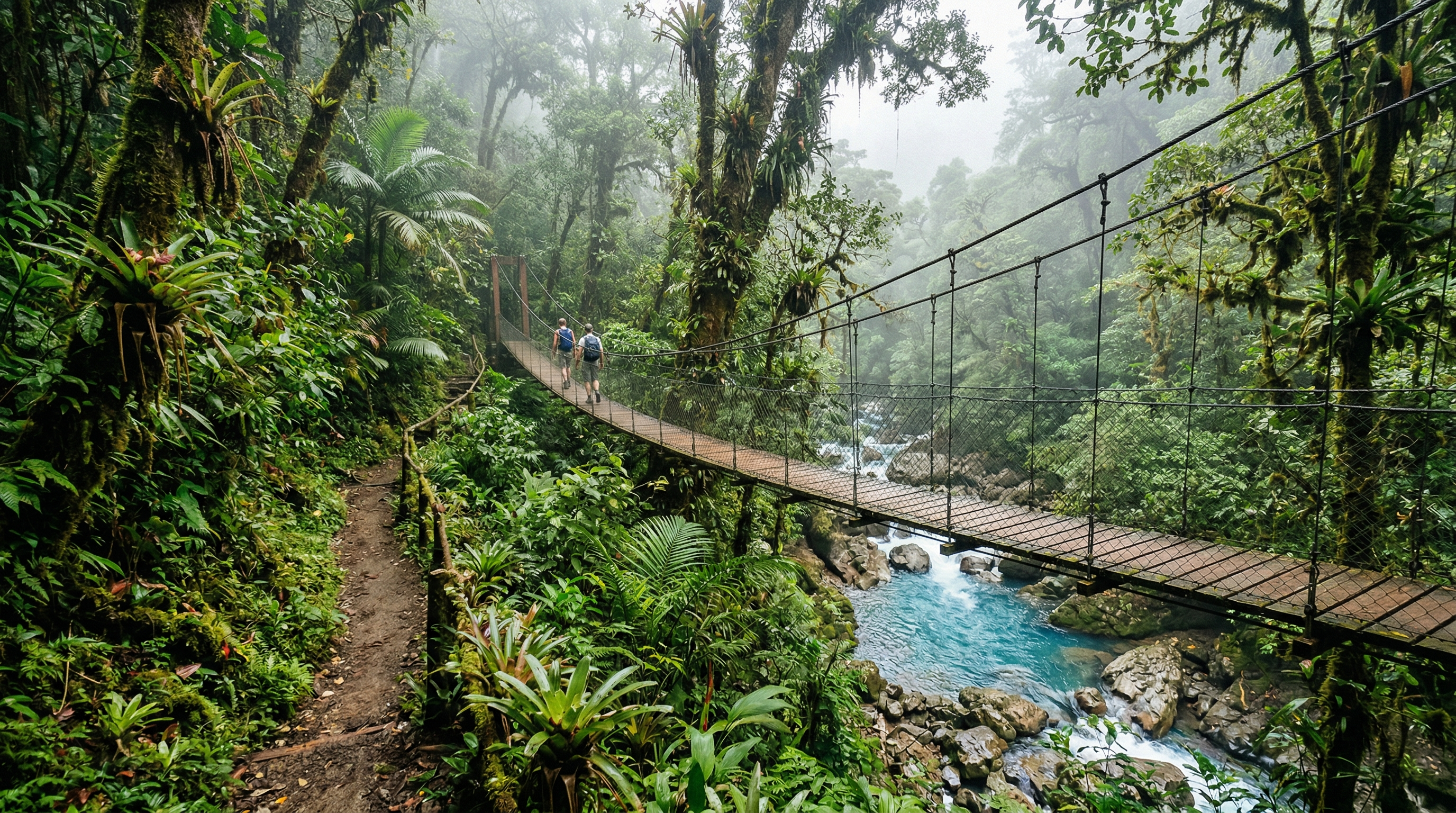 Costa Rica cloud forest and vivid blue river scenery with hanging bridges atmosphere