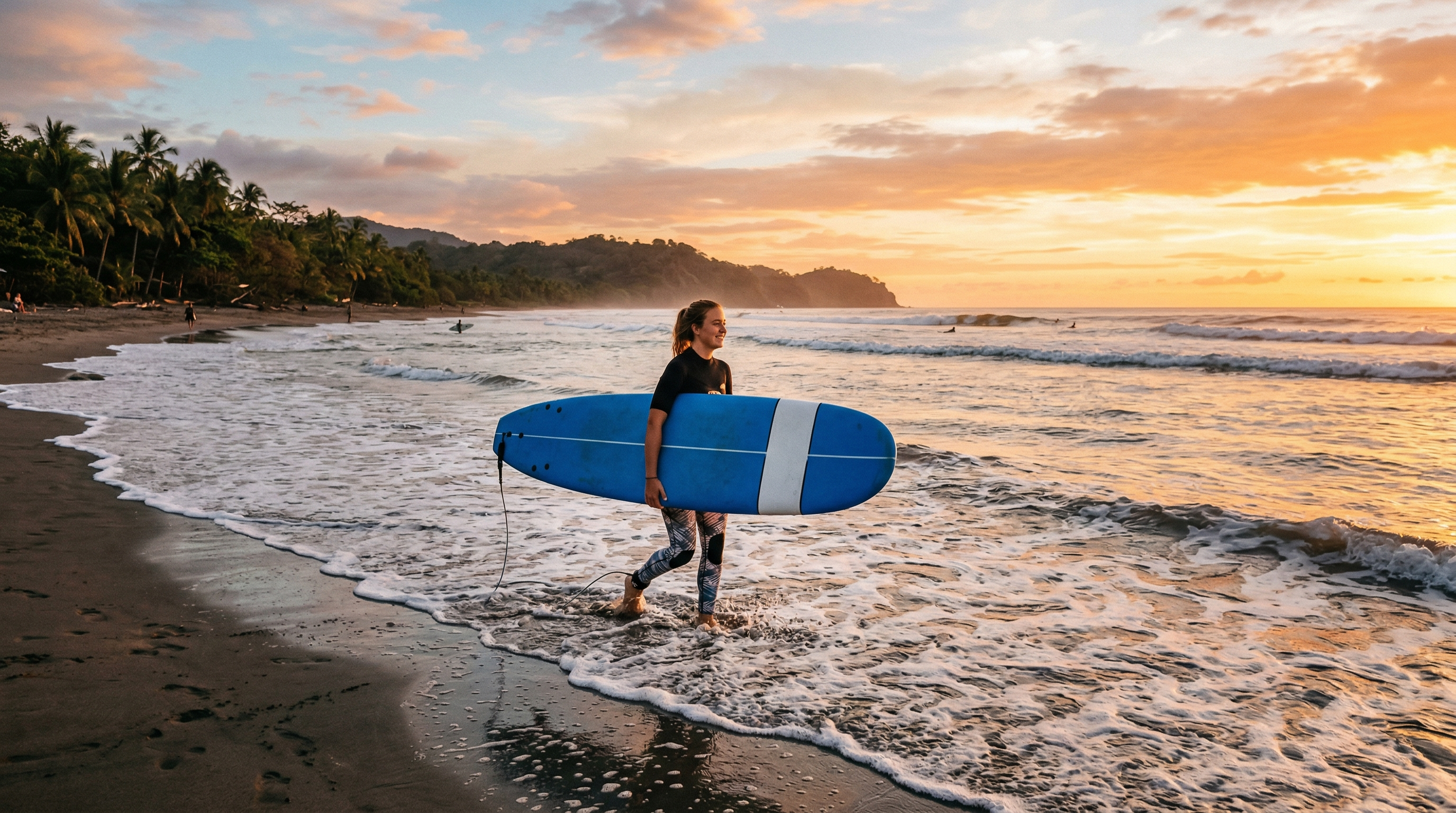 Costa Rica Pacific beach at sunset with surfer and warm tropical light