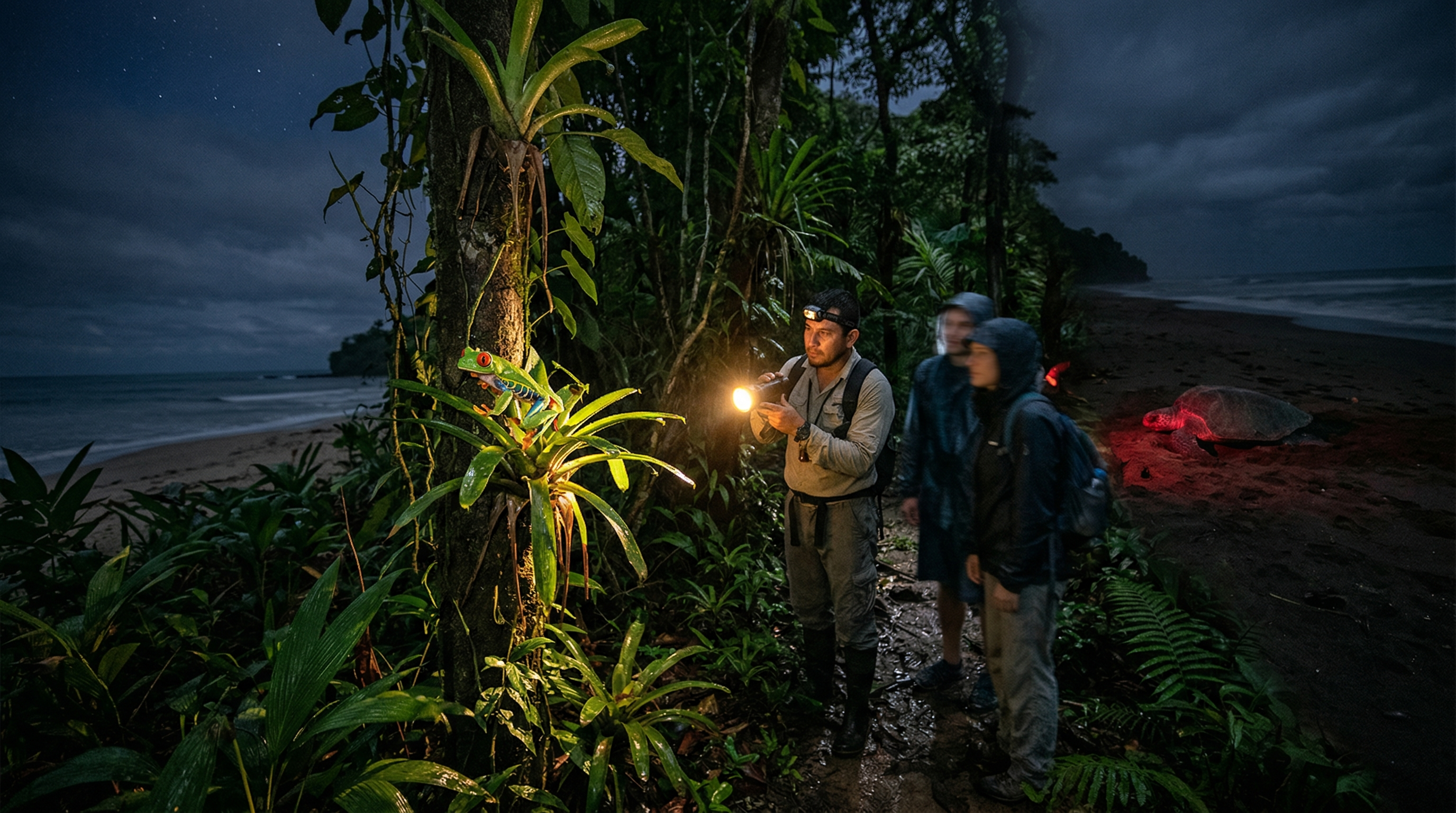Costa Rica jungle night scene with wildlife and turtle nesting atmosphere