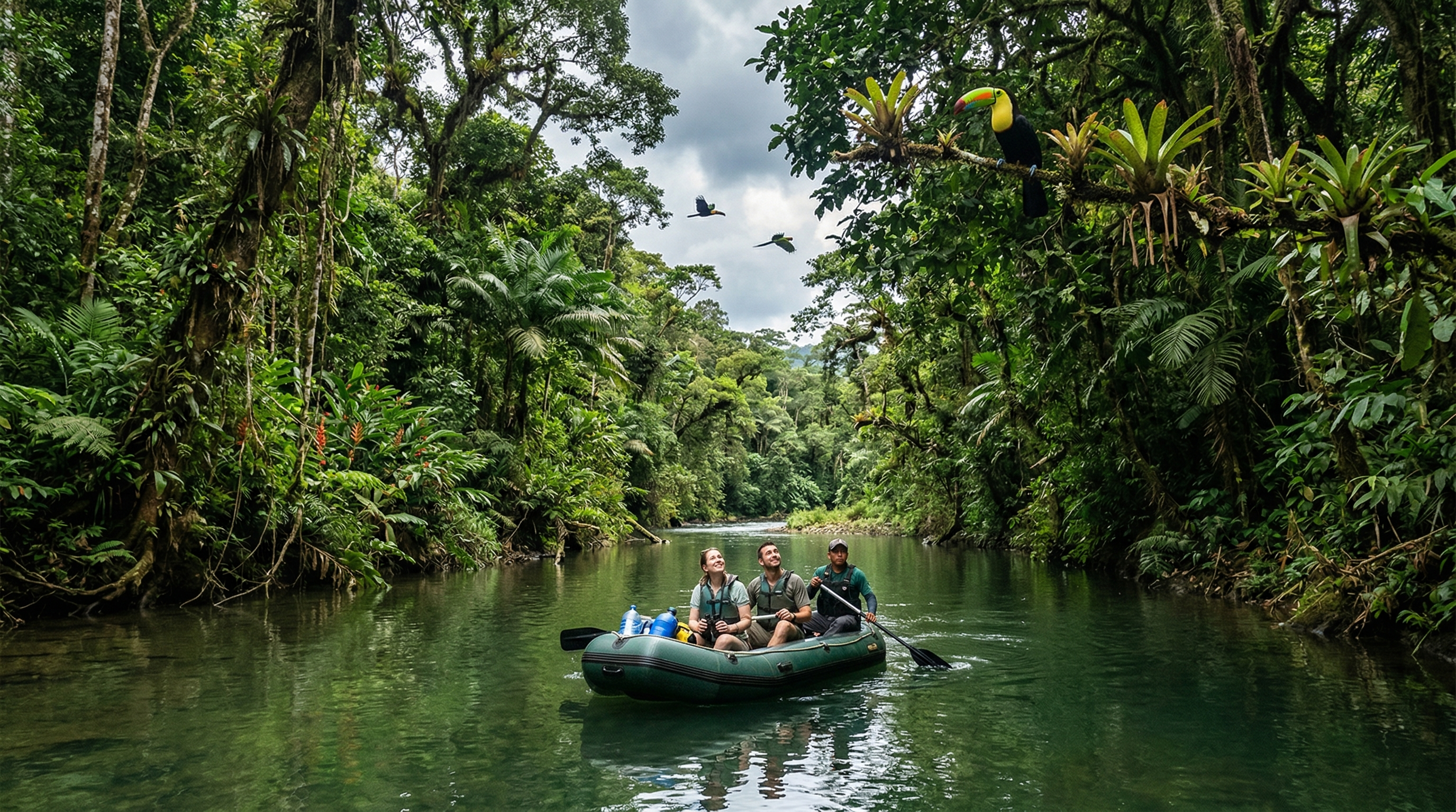 Peaceful Costa Rica jungle river float with rainforest banks and eco-adventure atmosphere