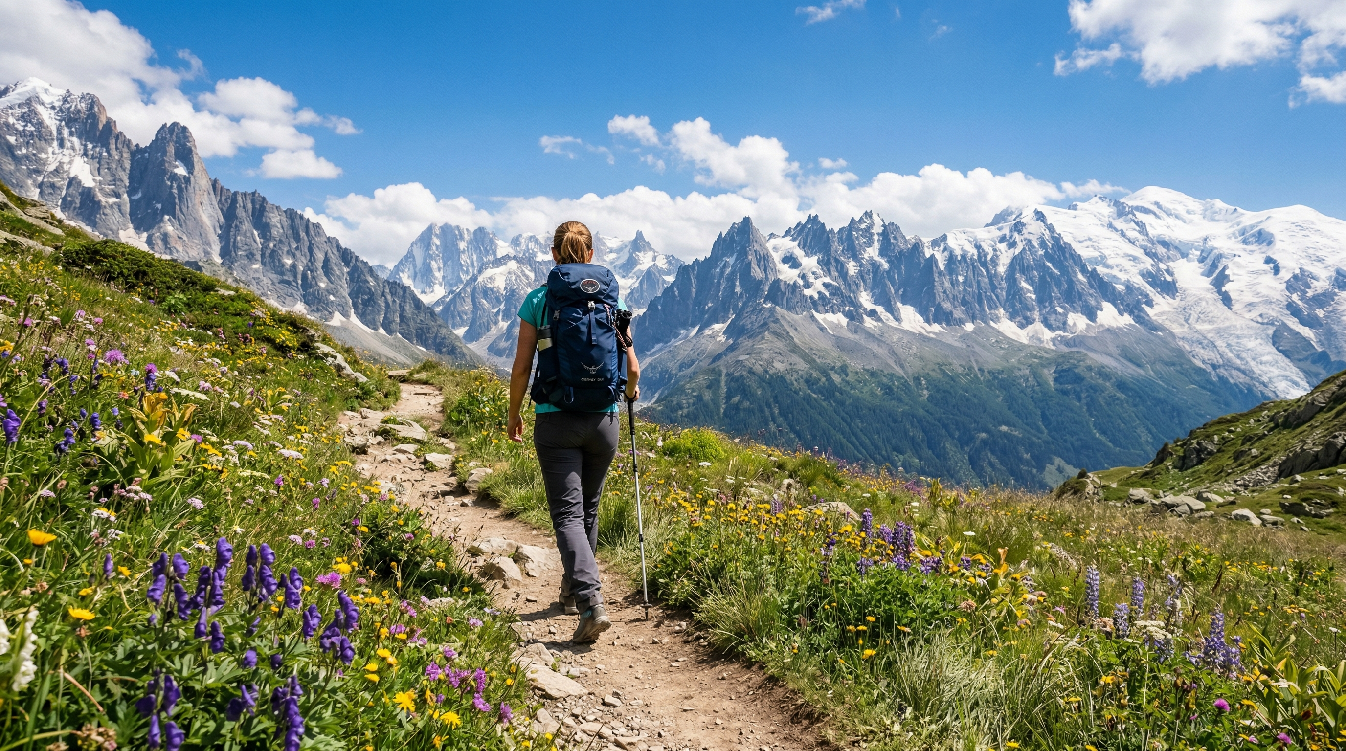 Early summer alpine hiking trail in the Alps