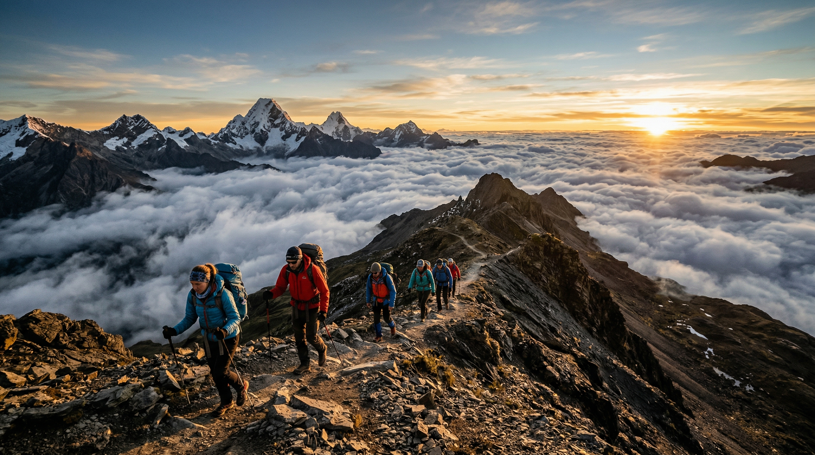 High altitude guided trekking route above the clouds