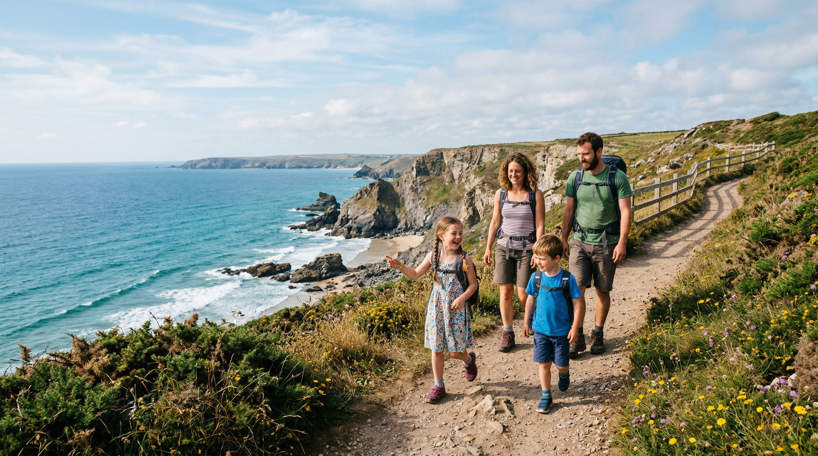 Family enjoying a scenic summer trail by the coast