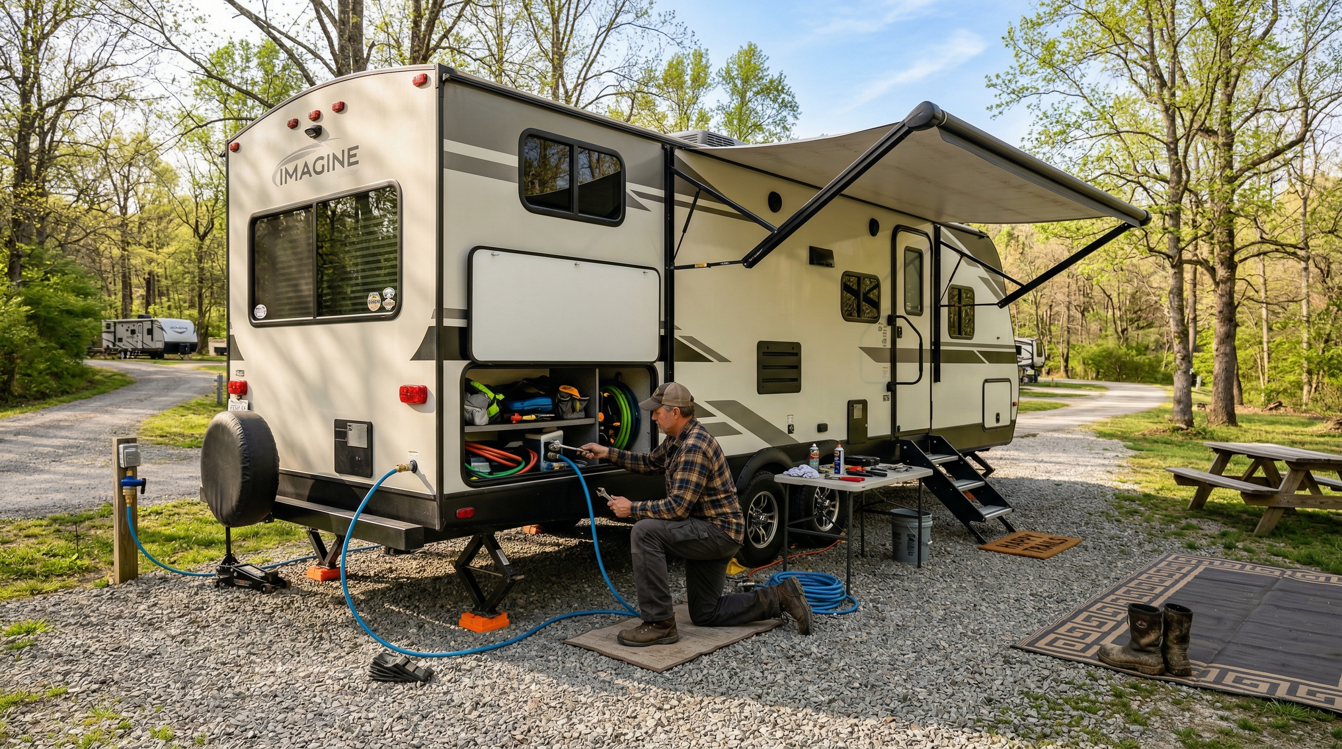 RV owner preparing a travel trailer for spring camping