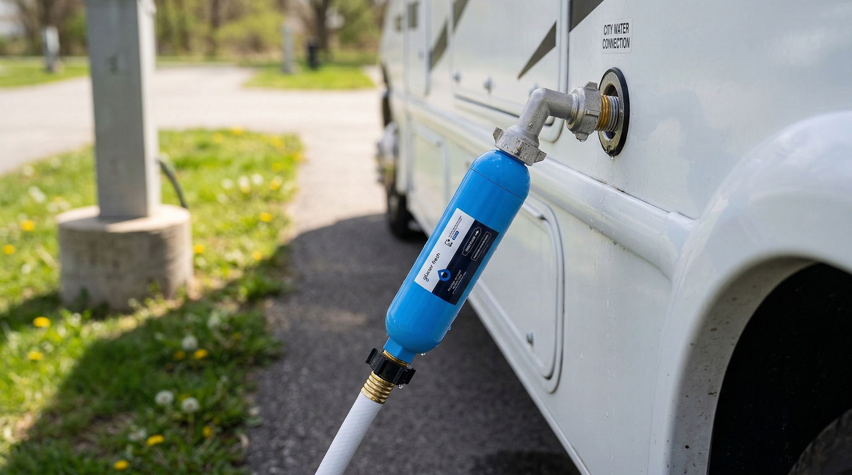 RV inline water filter connected to a freshwater hookup