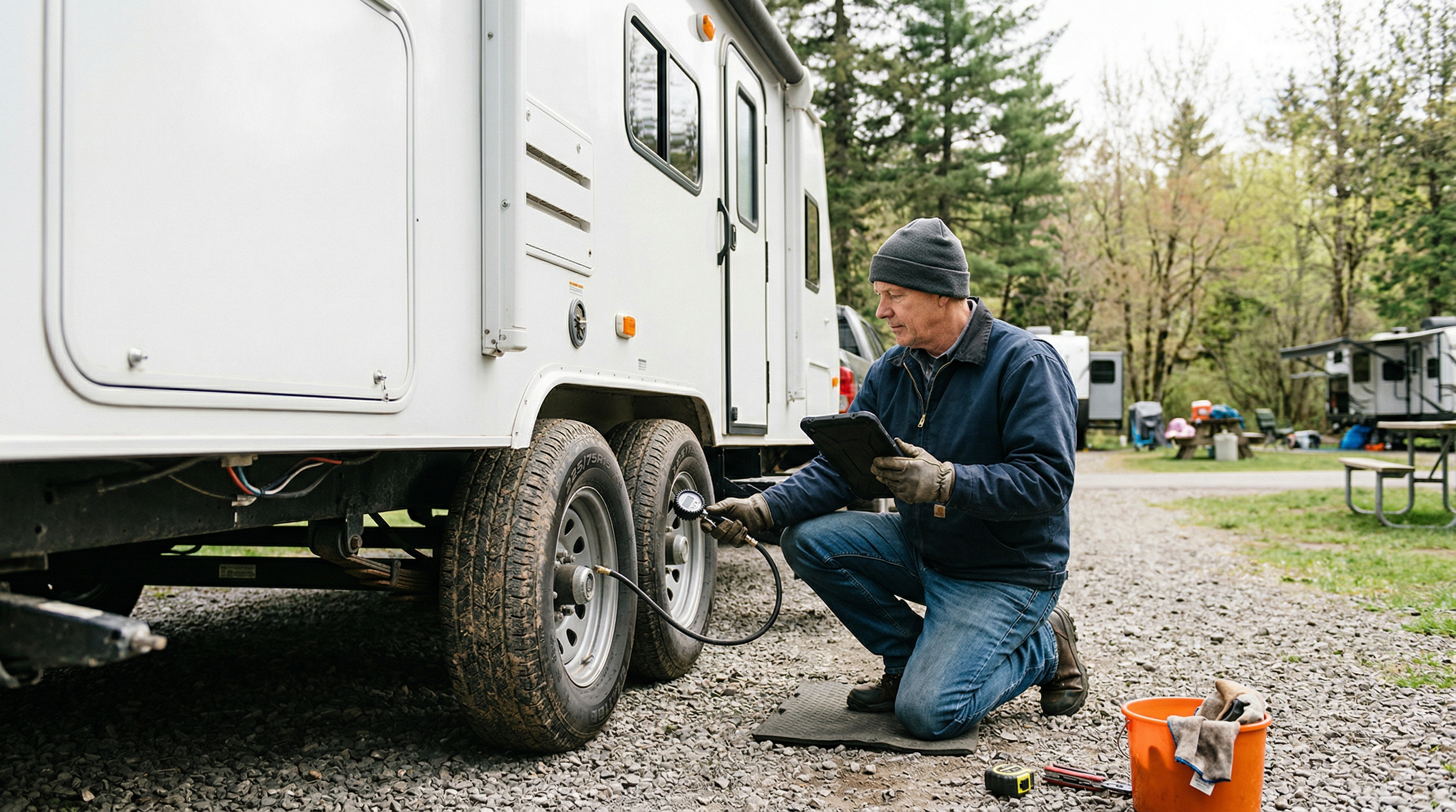 RV owner using a maintenance checklist during spring inspection