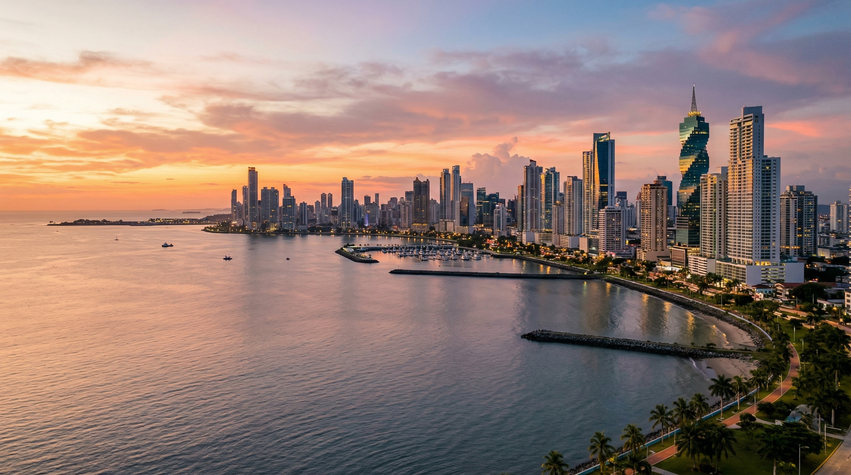 Panama skyline and tropical coastline at sunset