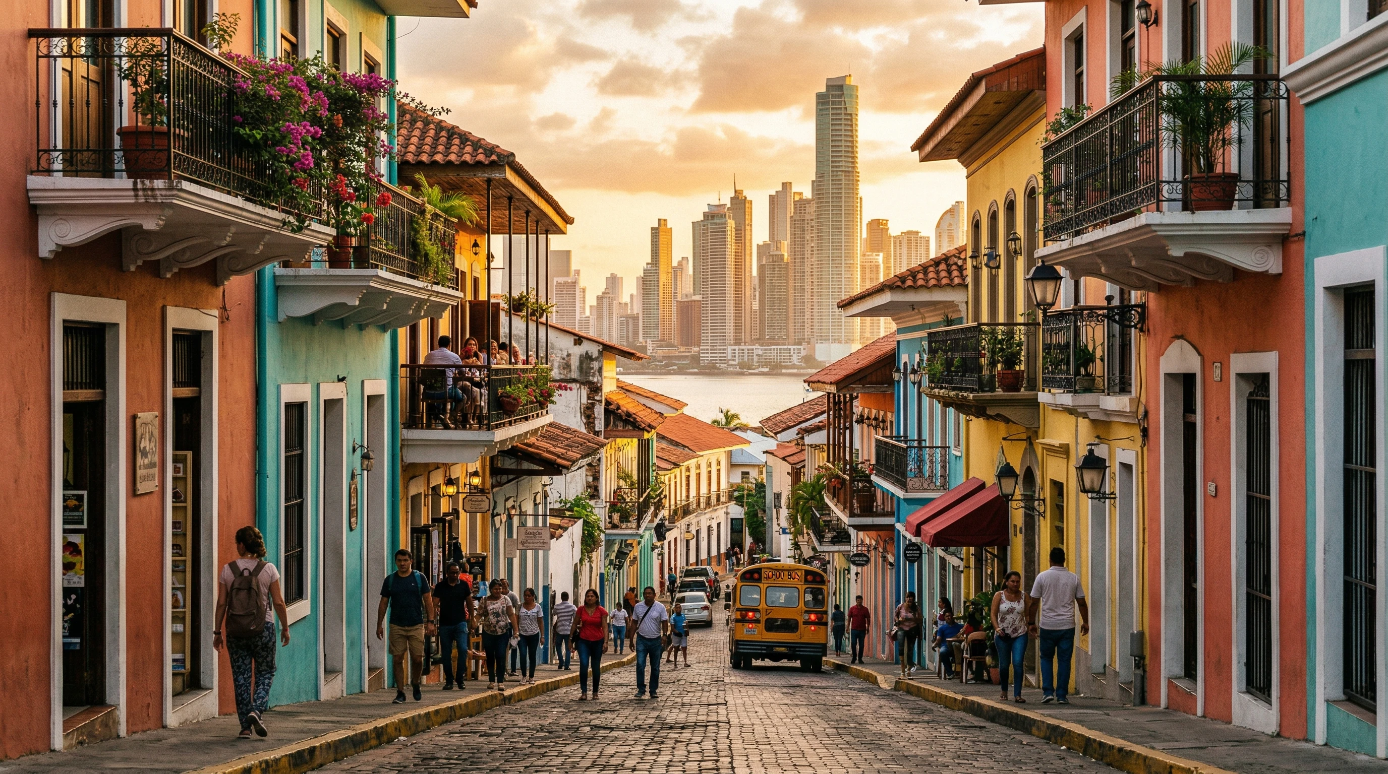 Casco Viejo streets with Panama City skyline in the background