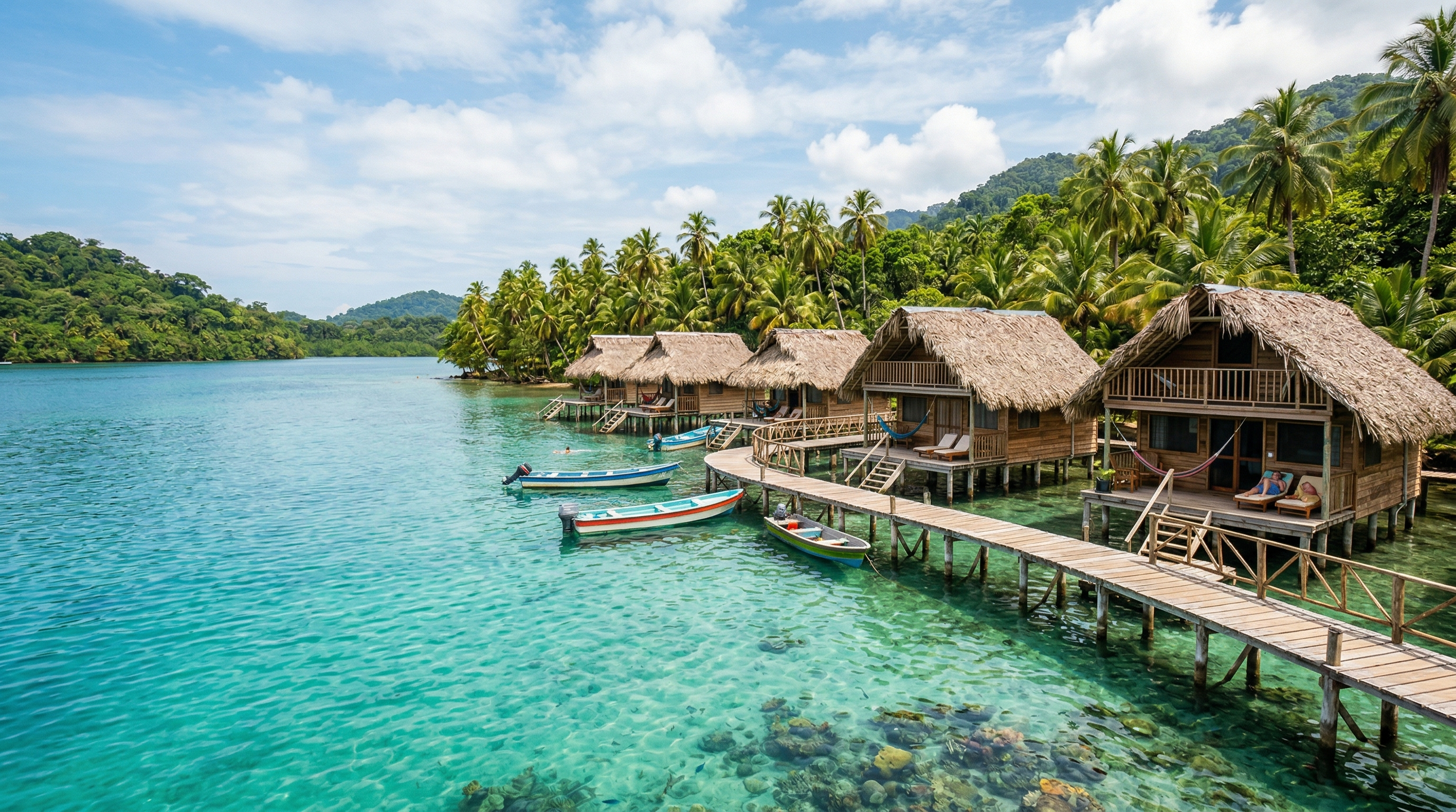 Overwater bungalows and turquoise water in Bocas del Toro