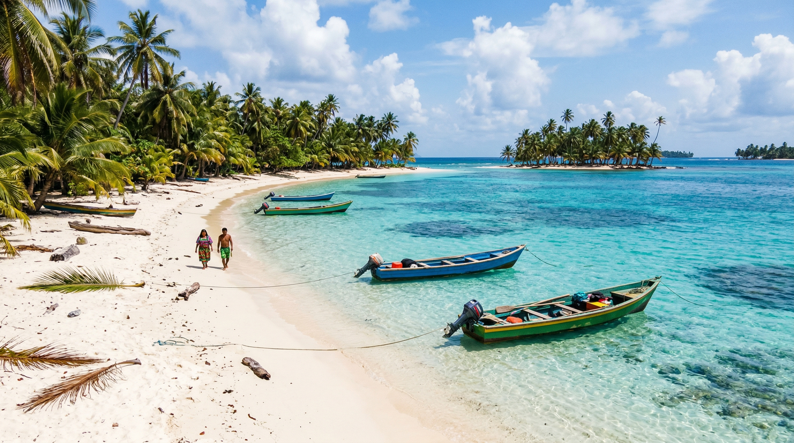 San Blas islands beach with white sand and crystal clear Caribbean water