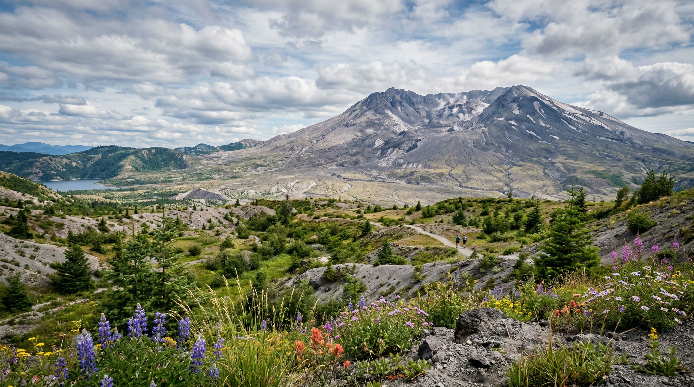 Volcanic crater landscape with rugged terrain and signs of regrowth