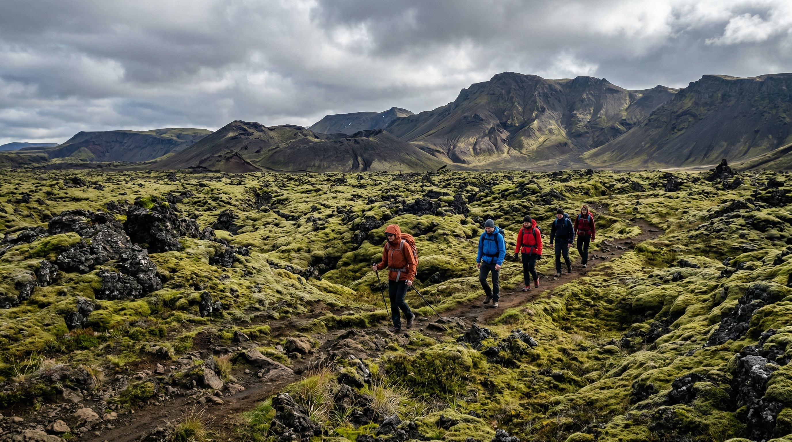 Icelandic lava field with moss regrowth and volcanic terrain