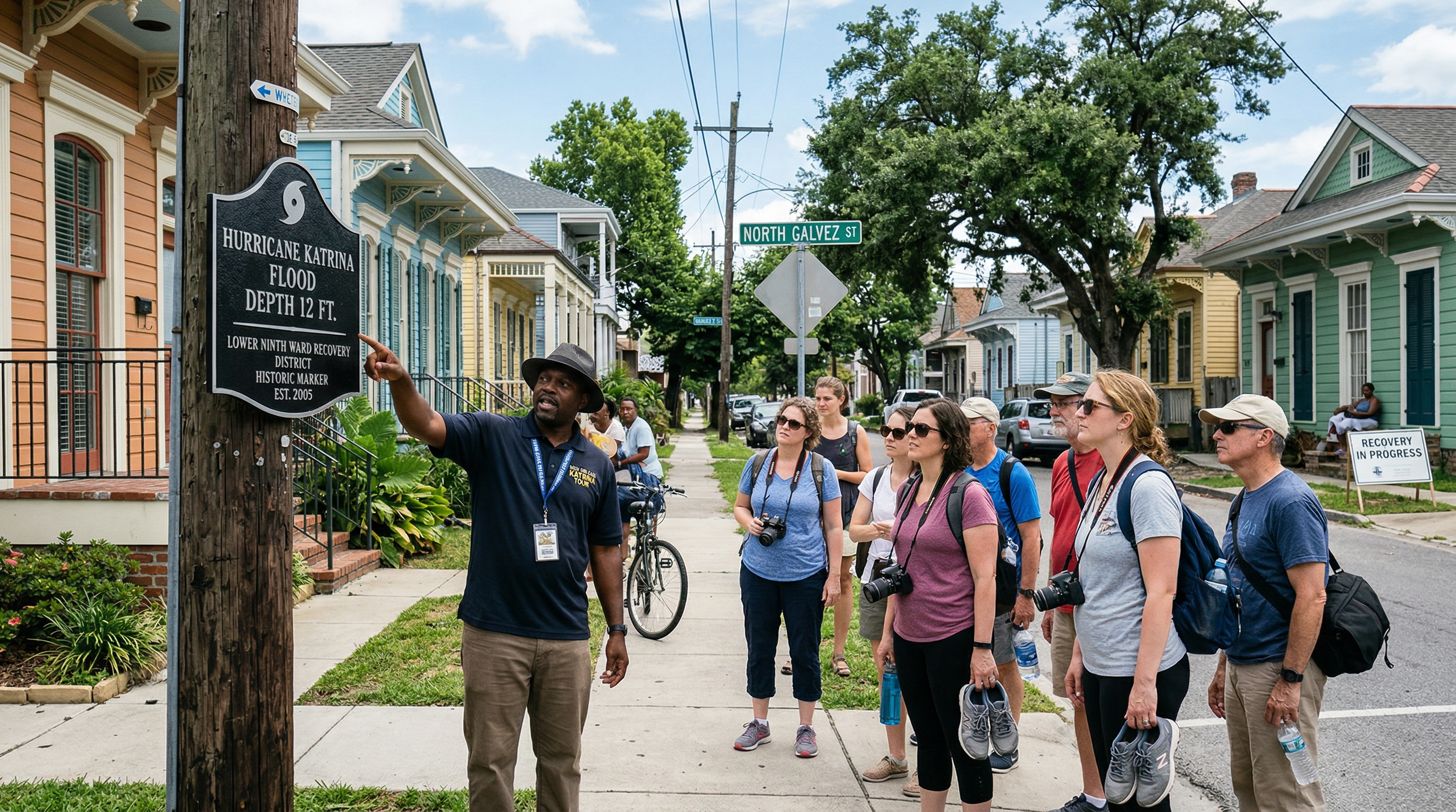 Historic urban neighborhood showing disaster recovery and guided tourism context
