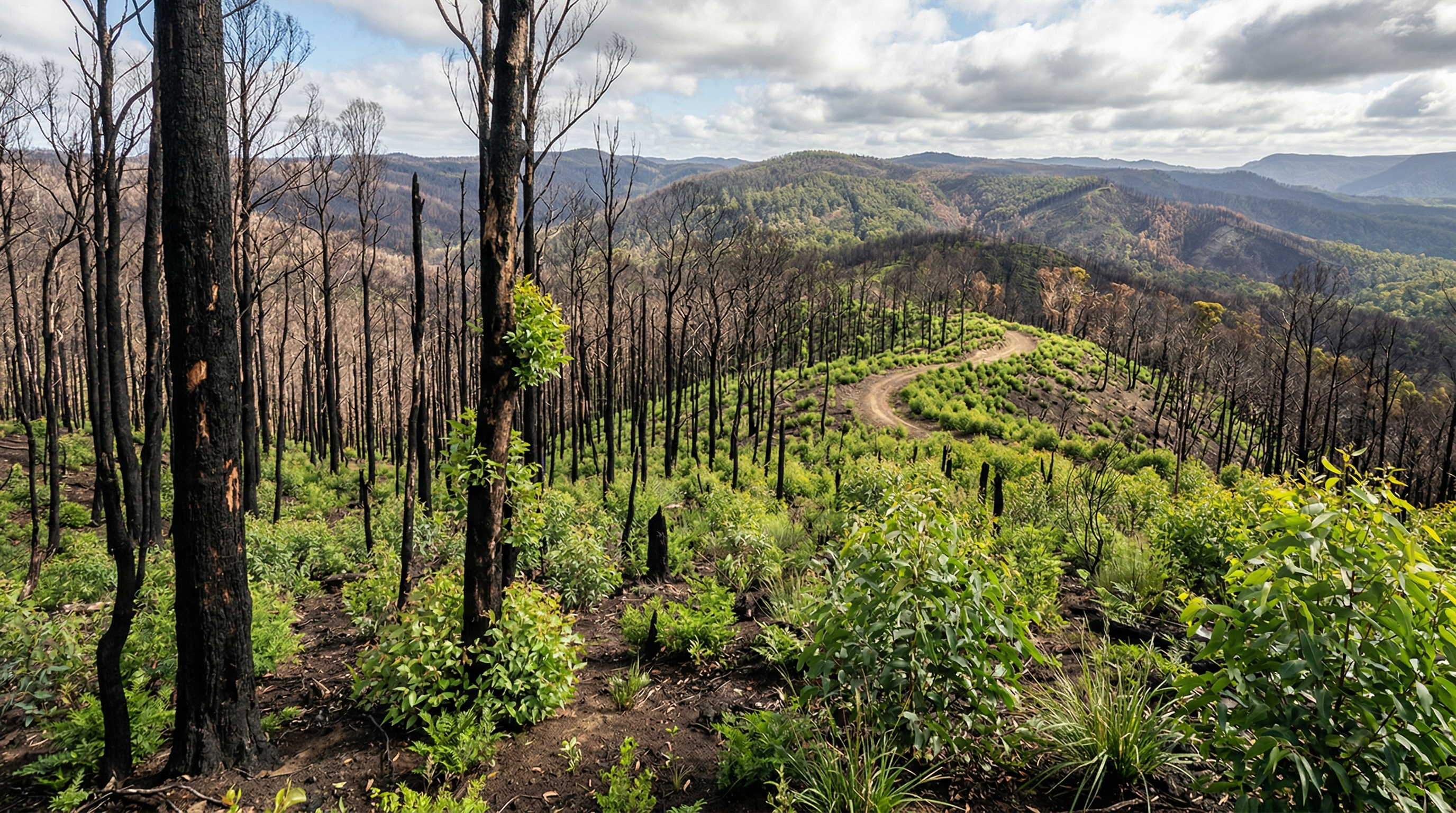 Forest regrowth after wildfire showing new life among burned trees