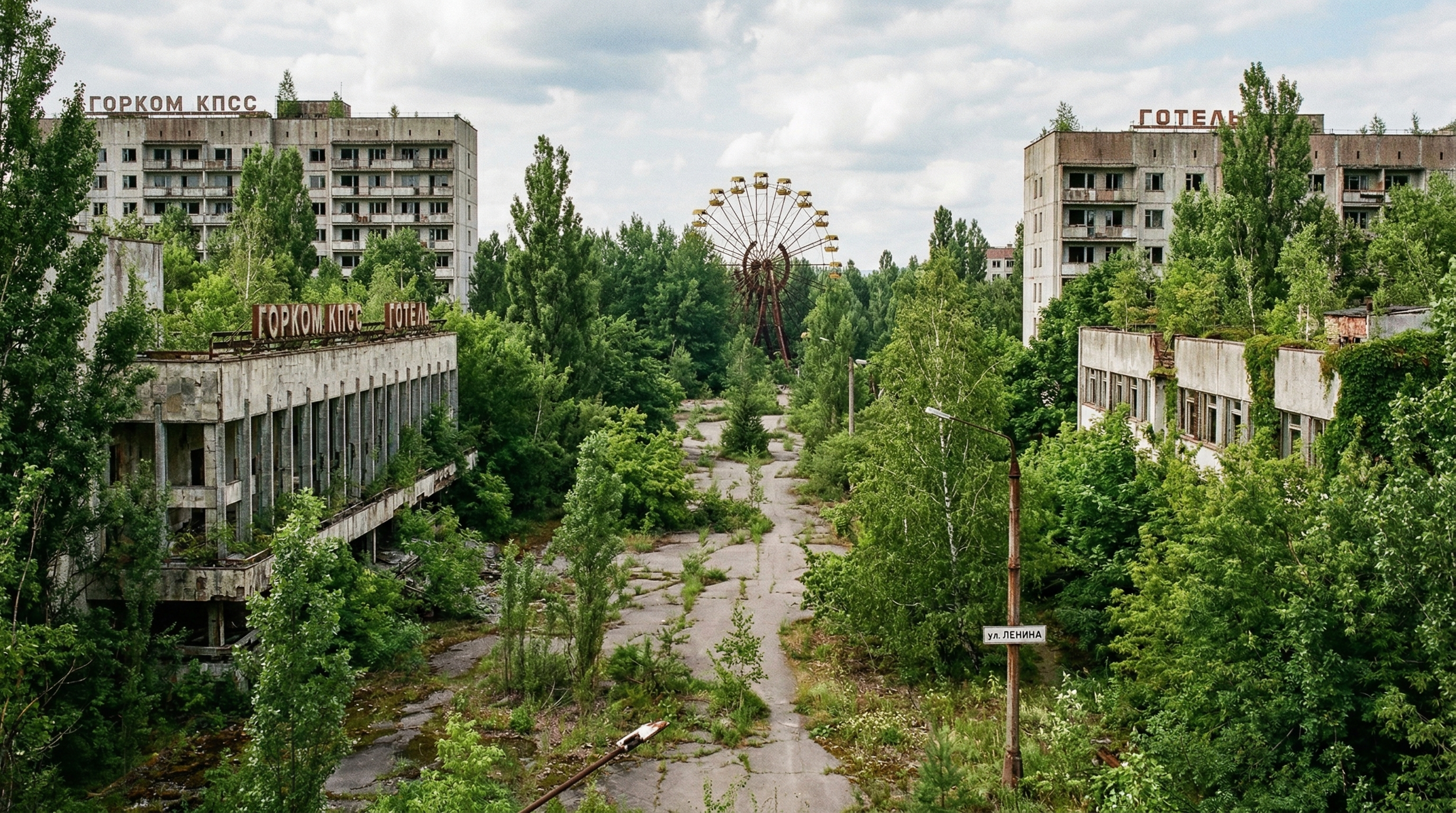 Abandoned urban zone reclaimed by nature and overgrown with vegetation