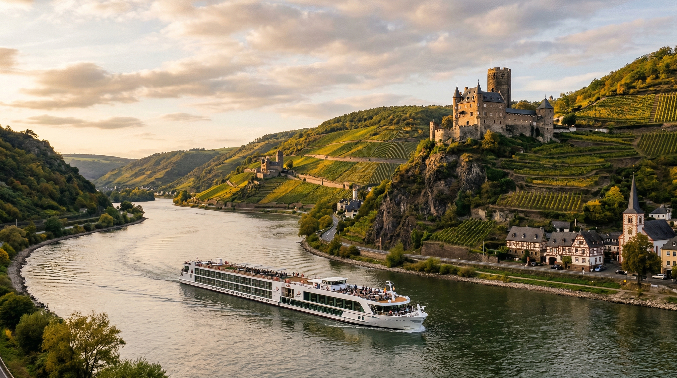 River cruise ship sailing past castles and vineyards on the Rhine River in Europe