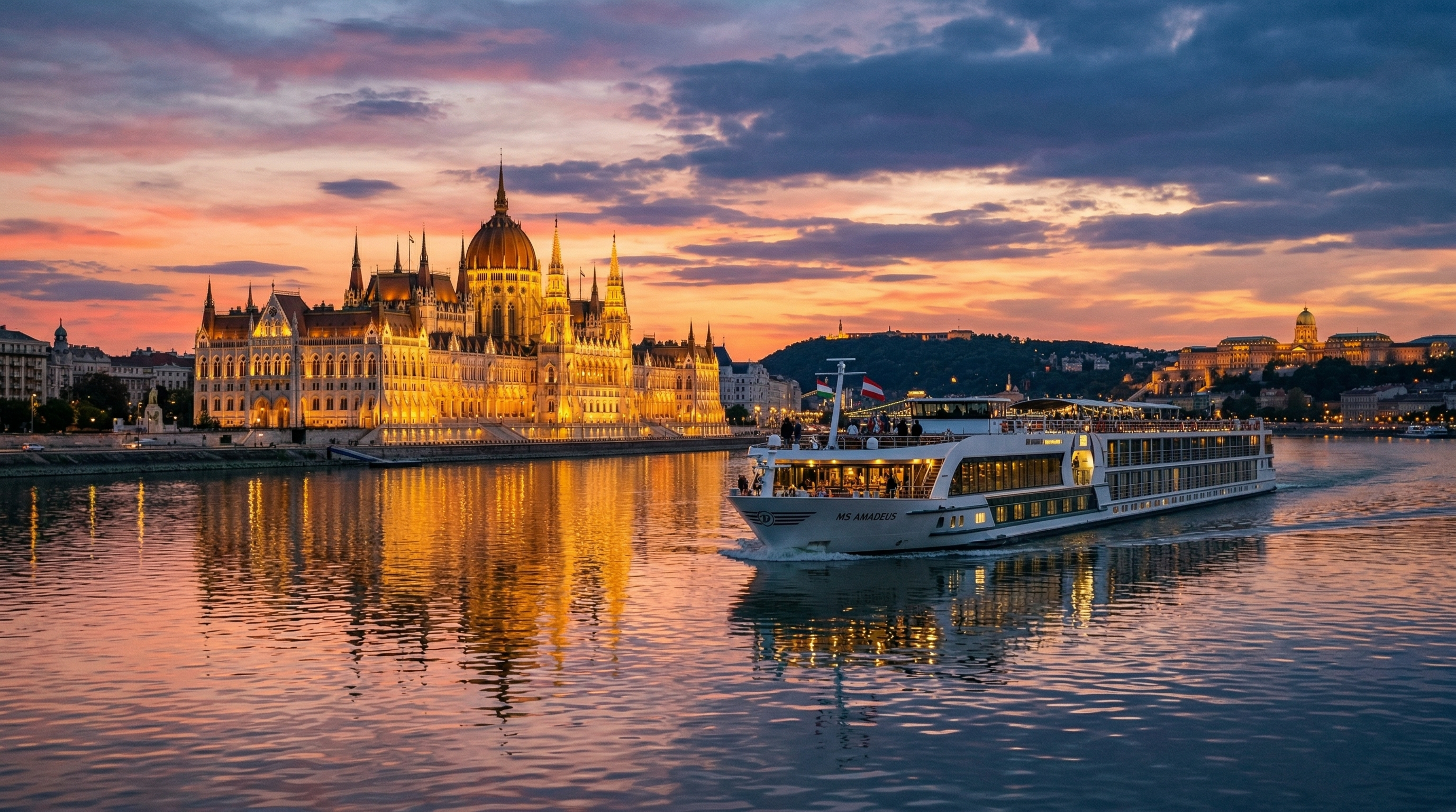 River cruise passing Budapest Parliament along the Danube at sunset