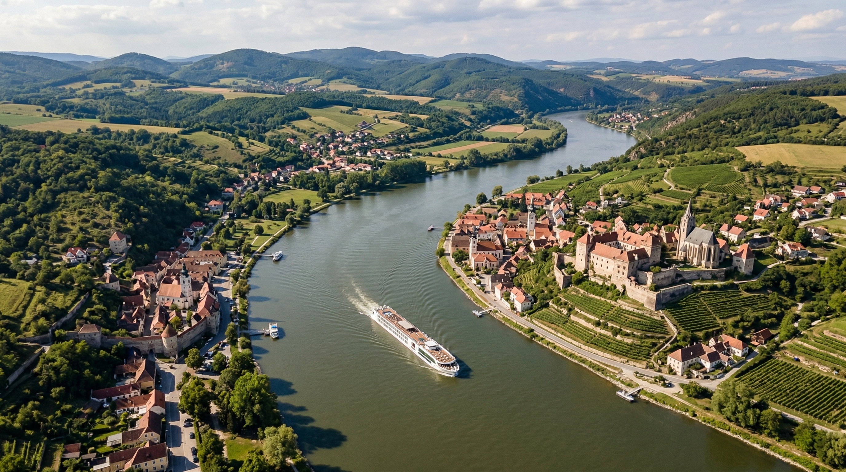 River cruise sailing past medieval towns and scenic villages in Central Europe