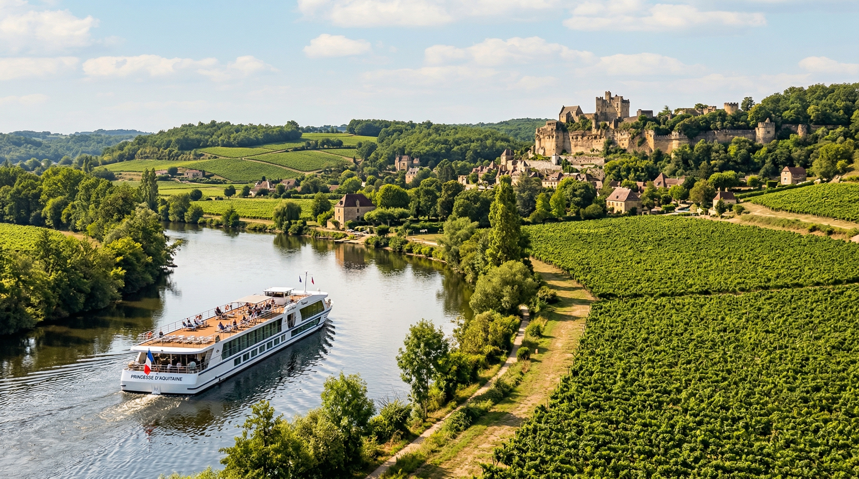 River cruise in France passing vineyards and countryside castles