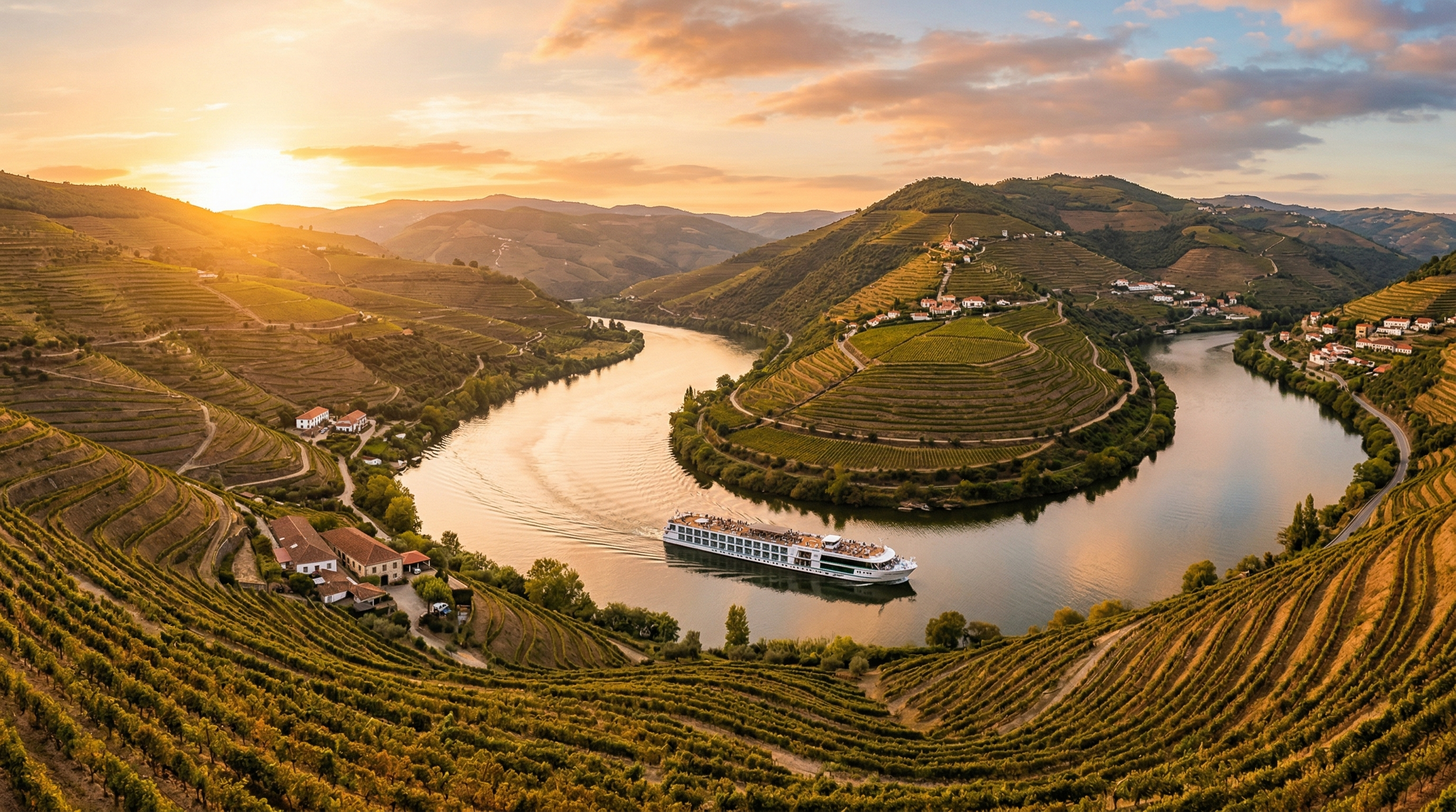 Douro Valley Portugal river cruise with terraced vineyards at golden hour